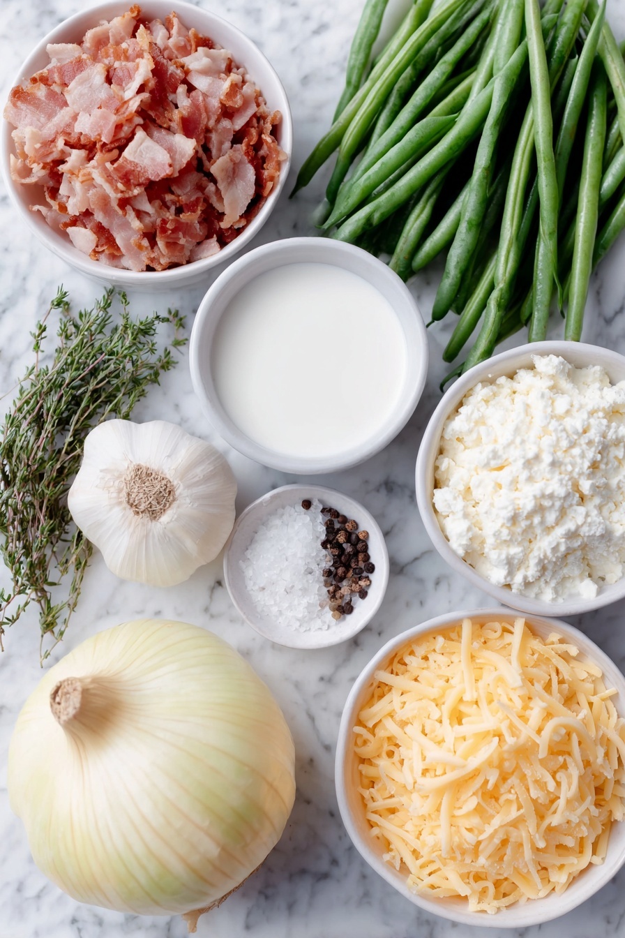 Flat lay of fresh green beans with bright green pods, a small pile of crisp chopped bacon, a large whole yellow onion with smooth skin, two whole uncracked brown garlic bulbs, a small mound of pale all-purpose flour, a small white ceramic bowl filled with creamy whole milk, a small white ceramic bowl holding rich heavy cream, a neat heap of sharp cheddar cheese shredded with an orange hue, a small pile of shredded Monterey Jack cheese in creamy white, finely grated pale parmesan cheese arranged in a small mound, a small white ceramic bowl of golden French fried onions, a few sprigs of fresh black peppercorns and coarse kosher salt sprinkled near the edges, all arranged symmetrically with simple white ceramic bowls and no packaging, placed on a clean white marble surface, soft natural light, photo taken with an iPhone, professional food photography style, fresh ingredients, white ceramic bowls, no bottles, no duplicates, no utensils, no packaging --ar 2:3 --v 7 --p m7354615311229779997