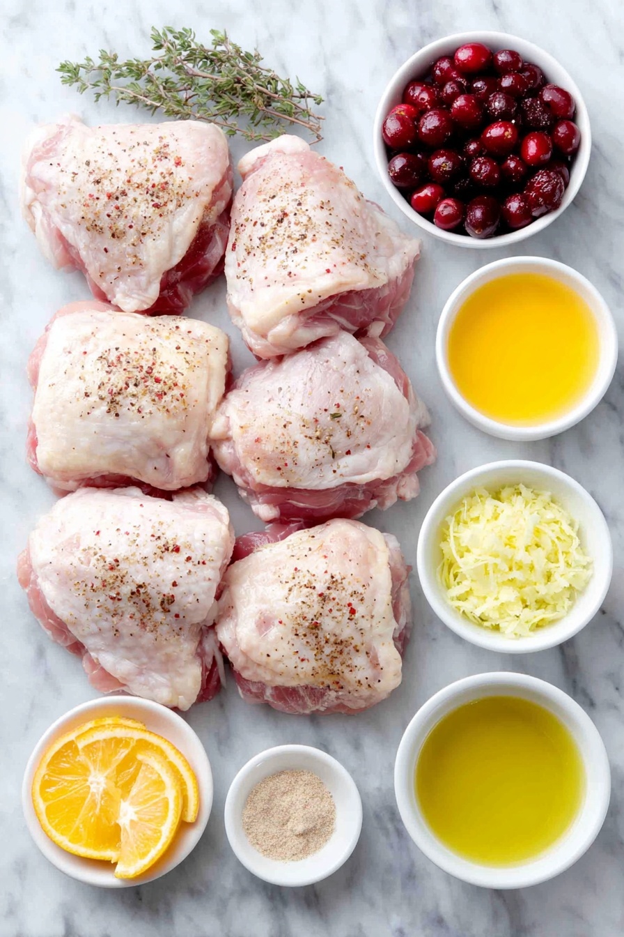 Flat lay of six raw boneless skinless chicken thighs seasoned with kosher salt, paprika, and black pepper, a small white bowl of extra virgin olive oil, a small white bowl filled with fresh cranberries, a small white bowl of bright orange juice, a small white bowl of golden pure maple syrup, a small white bowl of light brown sugar, a few strands of fresh orange zest, a small white bowl containing minced garlic, a few thin orange slices for garnish, all arranged in perfect symmetry on a clean white ceramic surface, placed on a clean white marble surface, soft natural light, photo taken with an iPhone, professional food photography style, fresh ingredients, white ceramic bowls, no bottles, no duplicates, no utensils, no packaging --ar 2:3 --v 7 --p m7354615311229779997