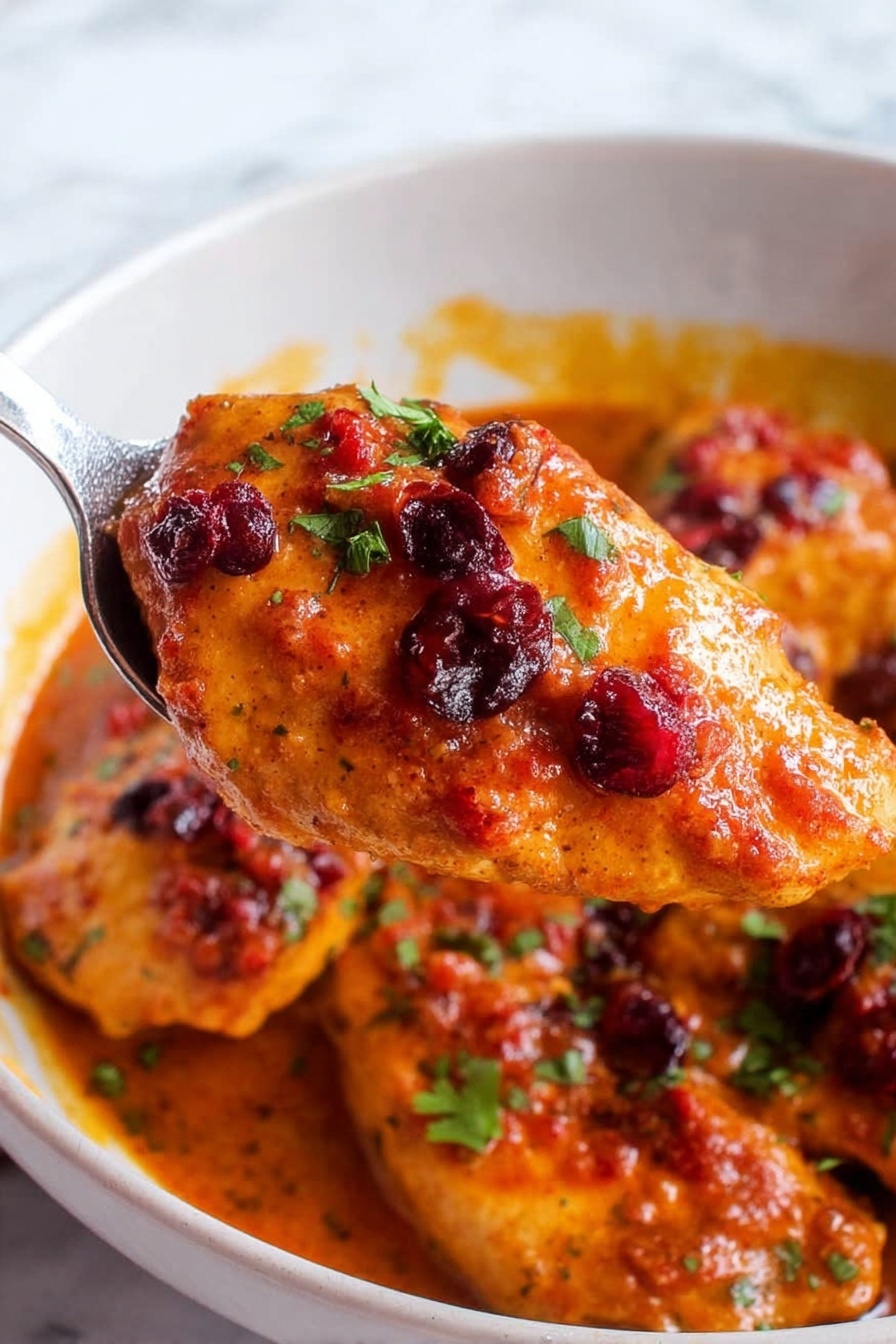 The image shows a close-up of a cooked chicken piece shaped like a small fillet covered with a thick orange-red sauce that has a slightly shiny and textured surface. On top of the sauce, there are small dark red chunks, likely cranberries, scattered unevenly. Small green parsley leaves are sprinkled for garnish, adding a fresh color contrast. The chicken piece is held by a silver spoon above a shallow white bowl that contains more chicken pieces in the same sauce with visible sauce splashes on the sides of the bowl. The bowl sits on a white marbled surface. Photo taken with an iphone --ar 2:3 --v 7