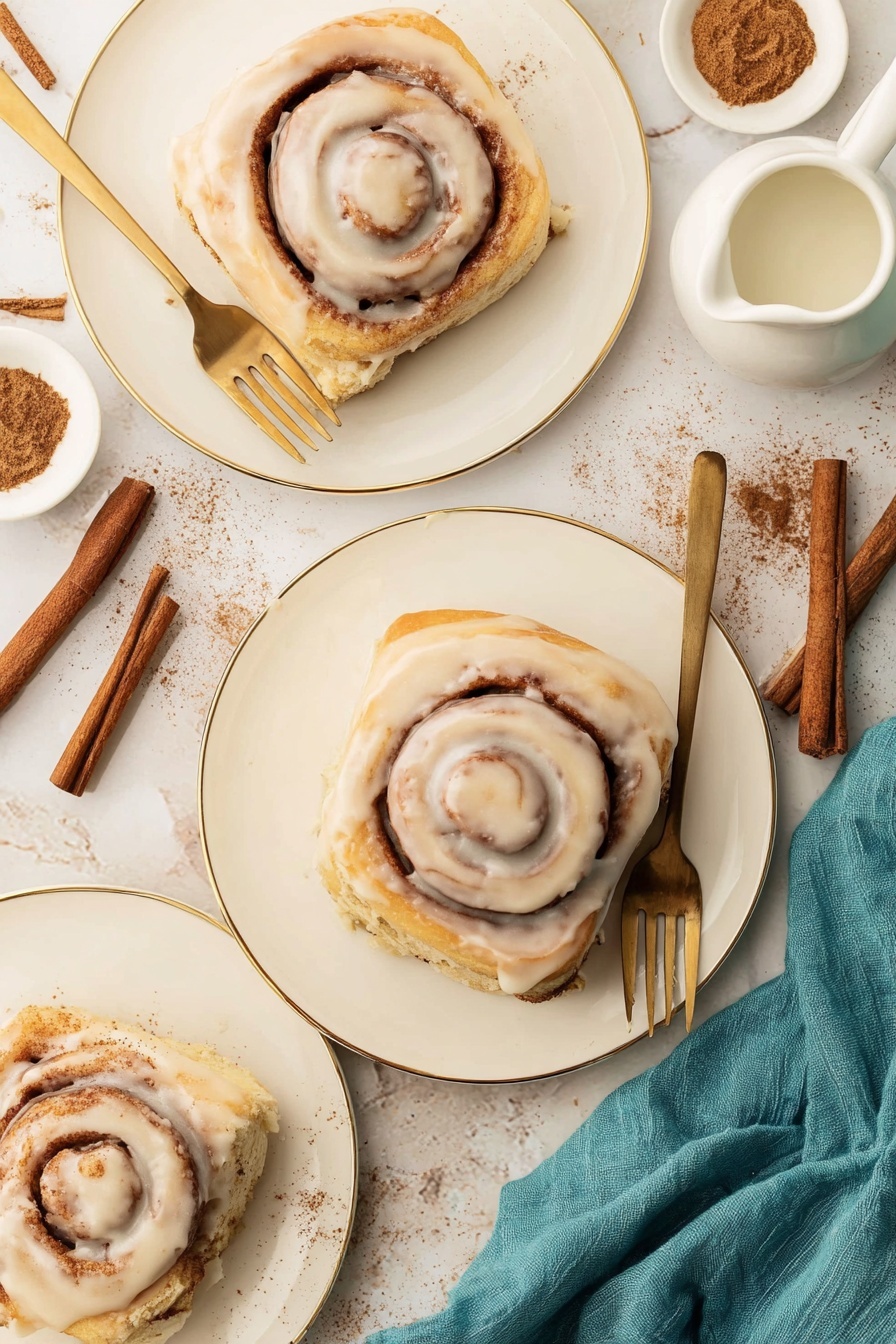 The image shows a close-up of a cinnamon roll being lifted with a wooden spatula from a metal tray that contains several other cinnamon rolls. The roll has a light brown swirled top layer with visible cinnamon lines, covered by a thick, creamy light beige icing layer that drips slightly over the sides. The dough underneath is fluffy and soft with a pale, slightly golden color, showing its airy texture. The background is a white marbled texture, and a woman's hand holds the wooden spatula. Photo taken with an iphone --ar 2:3 --v 7