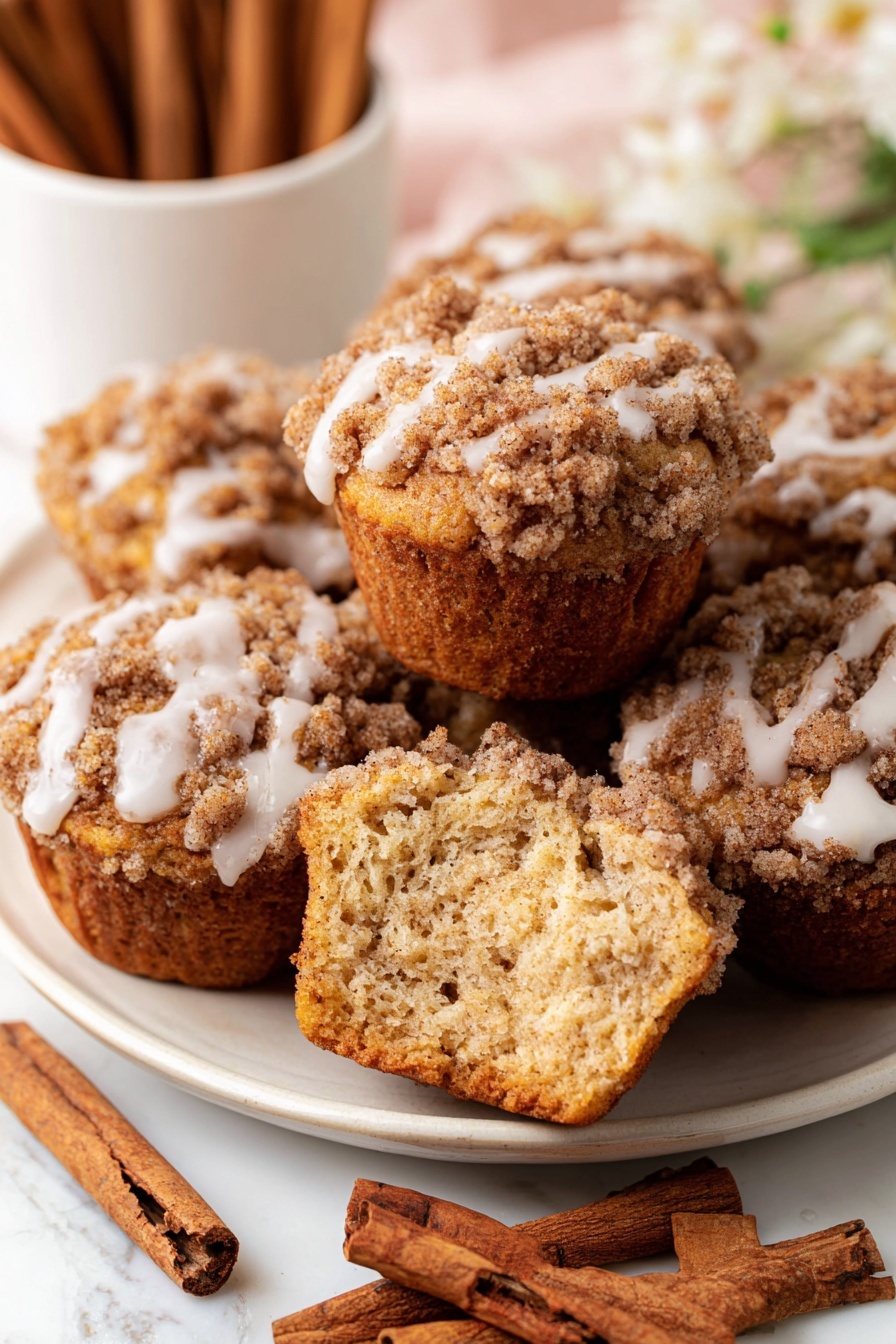 A white plate holds a pile of cinnamon muffins with crumbly brown streusel on top; one muffin is cut in half and placed in front, showing a soft, light brown, and porous inside texture. Some muffins have thin white icing drizzled over the streusel topping. Around the plate are cinnamon sticks in a few clusters, and in the background, a white bowl filled with cinnamon sticks is slightly blurred. The surface beneath the plate is a white marbled texture. photo taken with an iphone --ar 2:3 --v 7
