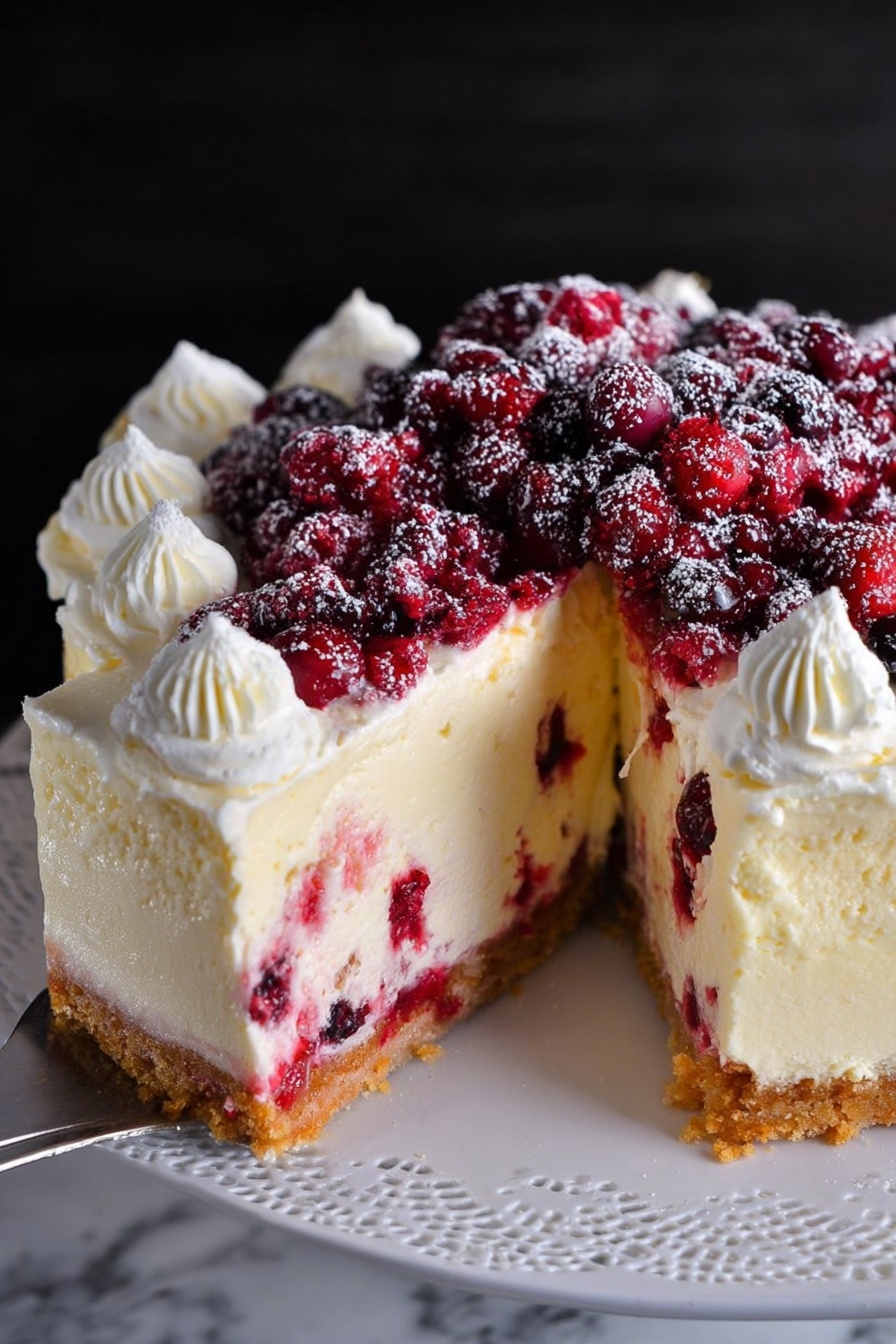 The image shows a sliced cheesecake on a white plate with a lace edge, set against a white marbled surface and dark background. The cheesecake has three visible layers: the bottom layer is a golden-brown crumbly crust, the middle layer is thick, creamy, and pale yellow with visible red berry bits mixed in, and the top layer is thick white cream with piped swirls around the edges. The top of the cheesecake is covered with a pile of red and dark red berries dusted with sugar. A woman's hand is holding one slice pulled out from the cheesecake. Photo taken with an iphone --ar 2:3 --v 7