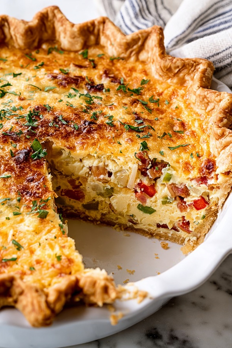 The image shows a slice of savory pie in a white pie dish placed on a white marbled surface with a striped cloth nearby. The pie has a thick, golden-brown, flaky crust with crimped edges. Inside the pie, there are several layers: a bottom golden-brown crust, then a creamy filling with visible pieces of red and green vegetables along with bits of ham or bacon. The top layer is a slightly browned melted cheese sprinkled with green herbs. The slice shown is missing from the pie, revealing the thickness and texture of the creamy vegetable and meat filling inside. Photo taken with an iphone --ar 2:3 --v 7