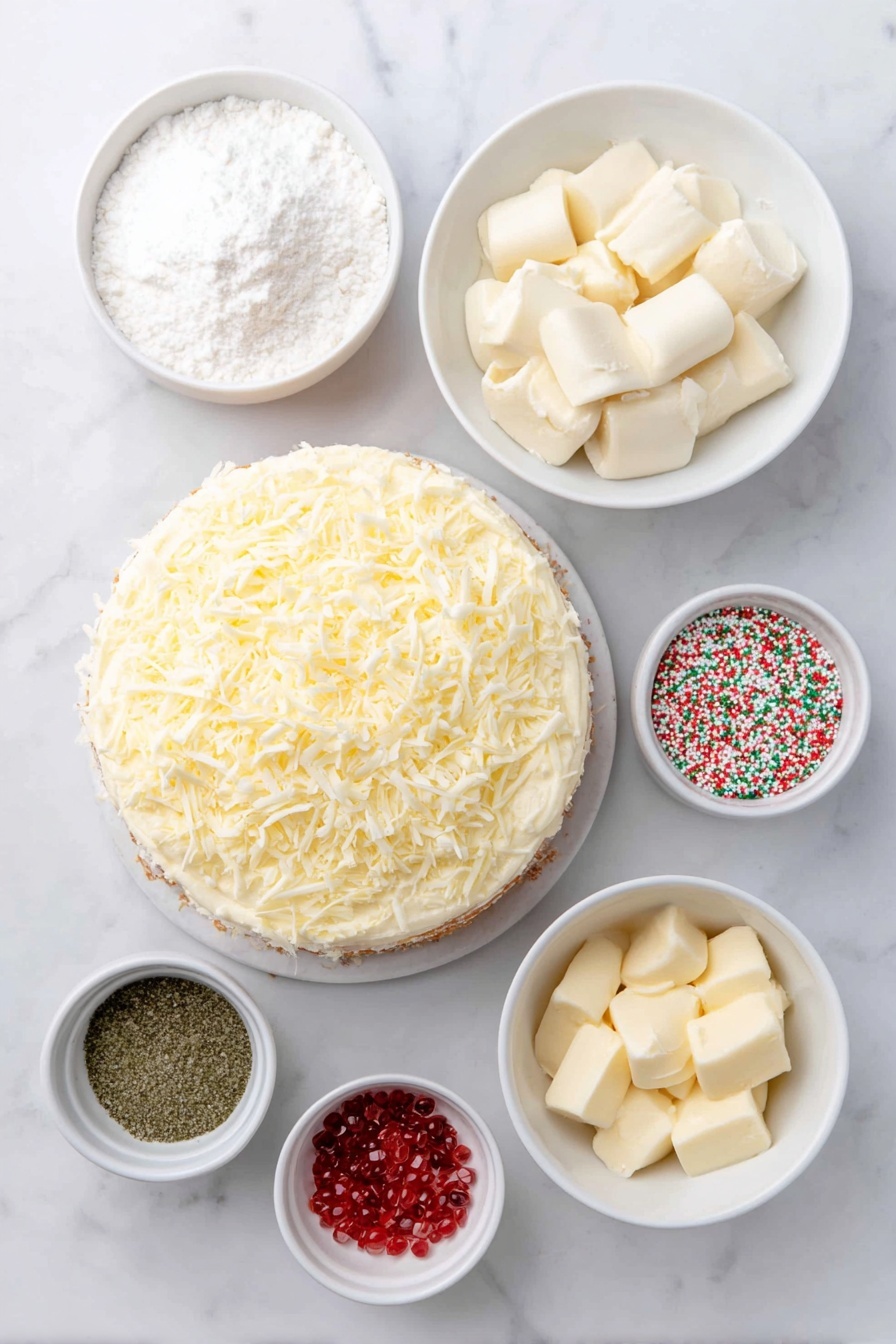 Flat lay of an unwrapped fresh Christmas Tree shaped cake with visible creamy filling, a small white ceramic bowl filled with smooth white chocolate candy melts, a small white ceramic bowl holding bright festive rainbow sprinkles, a small white ceramic bowl containing vibrant red candy melts, and a small white ceramic bowl with sparkling green sanding sugar, all arranged symmetrically around the cake, placed on a clean white marble surface, soft natural light, photo taken with an iPhone, professional food photography style, fresh ingredients, white ceramic bowls, no bottles, no duplicates, no utensils, no packaging --ar 2:3 --v 7 --p m7354615311229779997