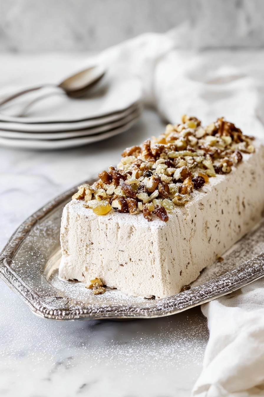 The image shows a rectangular light beige dessert on an old silver tray with delicate patterns, sitting on a white marbled surface. The dessert looks like it is one solid layer with a fluffy, slightly rough texture. The top surface is covered with a mixture of chopped nuts and golden raisins, sprinkled with powdered sugar. In the background, there is a soft focus of stacked white plates and a white cloth, adding a gentle, calming effect. Photo taken with an iphone --ar 2:3 --v 7