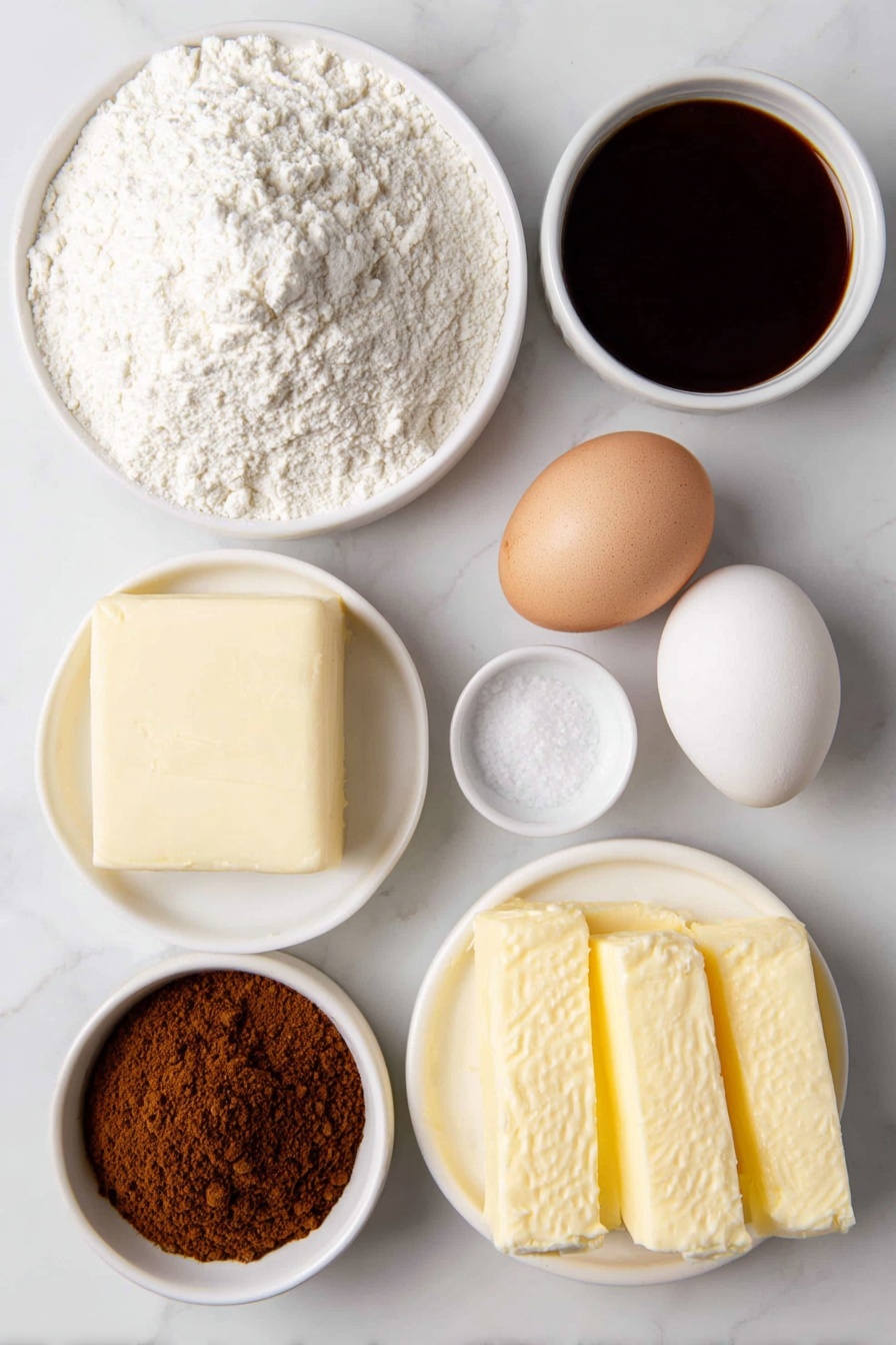 Flat lay of a small mound of all-purpose flour, a small pile of fine sea salt crystals, a small heap of warm brown gingerbread spice powder, a few plump tablespoons of unsalted butter at room temperature, a compact mound of packed light brown sugar, a small white ceramic bowl filled with dark unsulphured molasses, two whole large eggs with clean shells, a small white ceramic bowl holding pure vanilla extract, a small white ceramic bowl of granulated sugar, a small white ceramic bowl combining granulated sugar and gingerbread spice, and a few unwrapped sticks of European unsalted butter with a golden foamy sheen from browning, all arranged with perfect symmetry on a clean white marble surface, soft natural light, photo taken with an iPhone, professional food photography style, fresh ingredients, white ceramic bowls, no bottles, no duplicates, no utensils, no packaging --ar 2:3 --v 7 --p m7354615311229779997