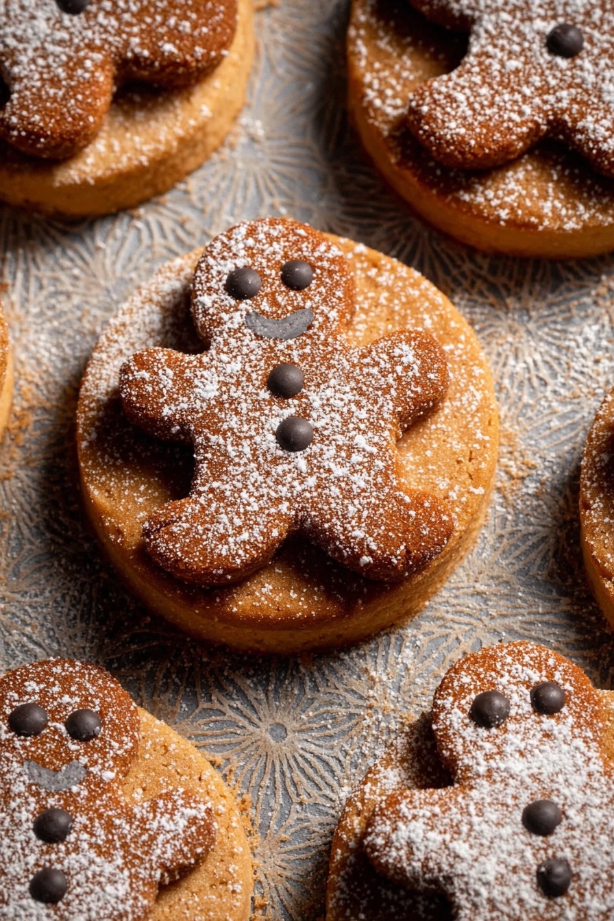The image shows several round cookies, each with a two-layer design. The bottom layer is a thicker, light brown cookie dusted with a white powder that looks like powdered sugar. On top of each bottom cookie layer is a smaller gingerbread man-shaped cookie, darker brown with three small dark dots as buttons. The cookies are arranged closely on a white marbled surface, with some crumbs around them, giving a cozy, festive look. photo taken with an iphone --ar 2:3 --v 7