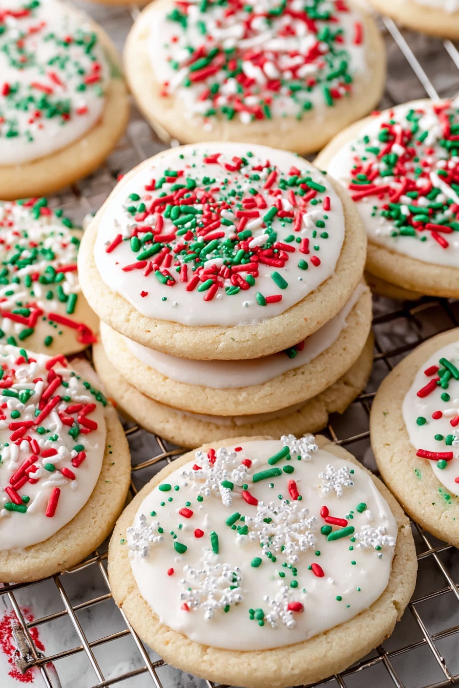 The image shows a collection of round sugar cookies arranged closely on a metal cooling rack over a white marbled surface. Each cookie has one layer of pale golden dough topped with a smooth layer of white icing. On top of the icing, there are colorful sprinkles in red, green, and white. The sprinkles vary in shape including small round dots, elongated rods, and tiny white snowflake shapes. The cookies are stacked to show some overlapping edges, presenting a festive and textured look. photo taken with an iphone --ar 2:3 --v 7