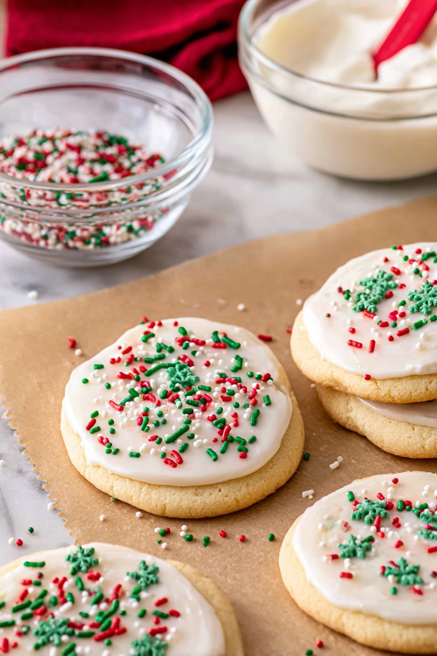 There are five round sugar cookies with a light golden-brown color, each topped with a smooth layer of white icing that covers most of the surface. On top of the icing, colorful sprinkles in red, green, and white are scattered, including small snowflake shapes and small rod particles, adding texture and festivity. The cookies rest on a sheet of brown parchment paper with some sprinkles spilled nearby. In the background, two clear glass bowls sit on a white marbled surface, one holding plain white icing and the other filled with sprinkles and a red measuring spoon. The image is bright and warm, showcasing the festive cookies up close, photo taken with an iphone --ar 2:3 --v 7