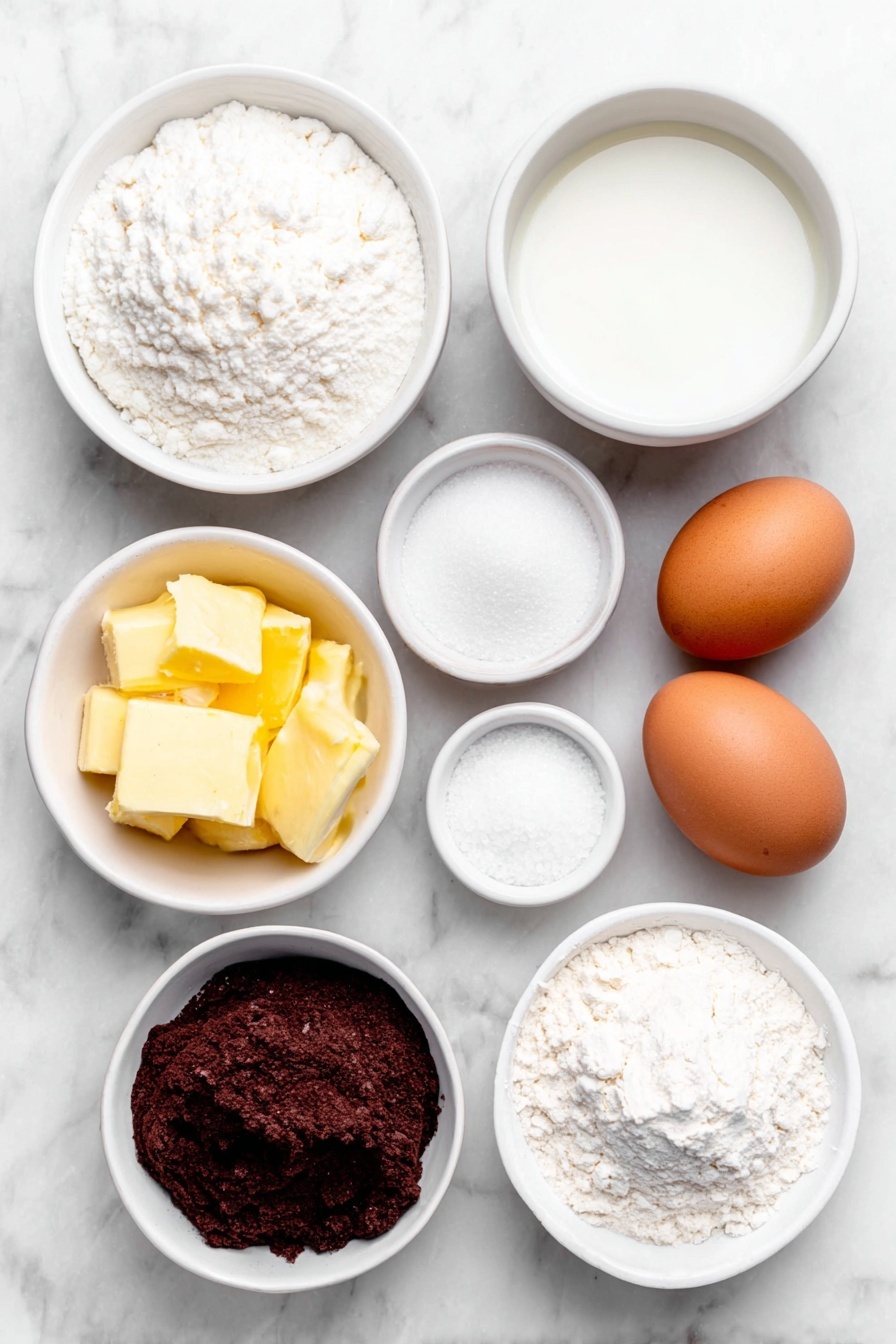 Flat lay of a small white ceramic bowl of lukewarm water, a small white ceramic bowl of warm milk, a small white ceramic bowl of melted unsalted butter, two whole brown eggs with clean shells, a small white ceramic bowl of granulated sugar, a small white ceramic bowl of fine sea salt, a small white ceramic bowl of instant yeast, a small white ceramic bowl of bread flour, another whole brown egg with clean shell, a small white ceramic bowl of flaky sea salt, placed on a clean white marble surface, soft natural light, photo taken with an iPhone, professional food photography style, fresh ingredients, white ceramic bowls, no bottles, no duplicates, no utensils, no packaging --ar 2:3 --v 7 --p m7354615311229779997
