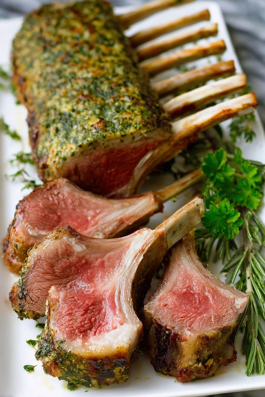 A white rectangular plate holds a rack of cooked lamb with a green herb crust on the top layer, showing a rough and slightly crispy texture. In front of the rack, four lamb chops are arranged with pinkish-red meat and a slight sear on the edges, displaying juicy and tender interiors. Two sprigs of fresh green herbs, parsley and rosemary, are placed to the right side of the lamb chops, adding a fresh contrast. The white marbled surface underneath adds brightness to the overall presentation. photo taken with an iphone --ar 2:3 --v 7