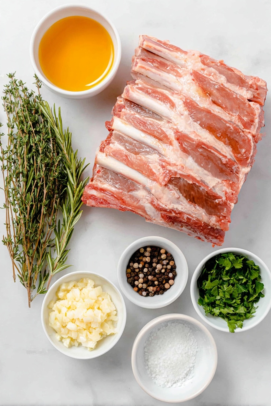 Flat lay of two racks of lamb with clean frenched bones, a small white ceramic bowl of golden olive oil, a small white bowl filled with finely minced fresh garlic, a small white bowl of vibrant green rosemary leaves, a small white bowl of fresh thyme leaves, a small white bowl of bright parsley leaves, a small white bowl of coarse sea salt, a small white bowl of cracked black peppercorns, all arranged in perfect symmetry placed on a clean white marble surface, soft natural light, photo taken with an iPhone, professional food photography style, fresh ingredients, white ceramic bowls, no bottles, no duplicates, no utensils, no packaging --ar 2:3 --v 7 --p m7354615311229779997