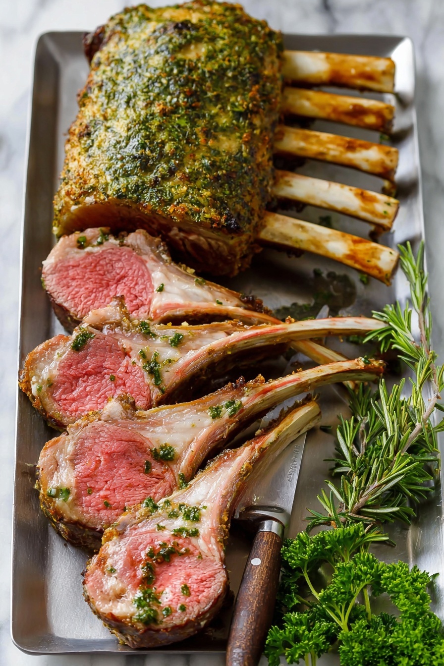 The image shows a white rectangular plate with a rack of cooked lamb chops. The top part of the rack is whole with a green herb crust on the brown outer surface. In front of it, there are five individual lamb chops aligned, revealing pink, cooked meat inside with light brown edges and a visible bone on each chop. On the right side of the plate, there are small bunches of green parsley and a few sprigs of rosemary. The plate is placed on a white marbled surface. photo taken with an iphone --ar 2:3 --v 7
