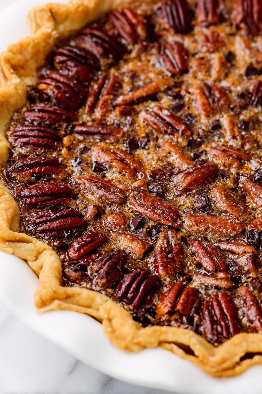 A close-up of a pecan pie showing three layers: the outer layer is a thick, golden-brown crust with a rough and crumbly texture, folded in a wavy pattern around the edge of a white plate; the middle layer is a glossy, dark brown filling with a sticky, caramel-like texture embedded with small chunks of dark chocolate; the top layer is a dense arrangement of whole pecans with a shiny, reddish-brown color, evenly placed across the surface. The pie sits on a white marbled background. photo taken with an iphone --ar 2:3 --v 7