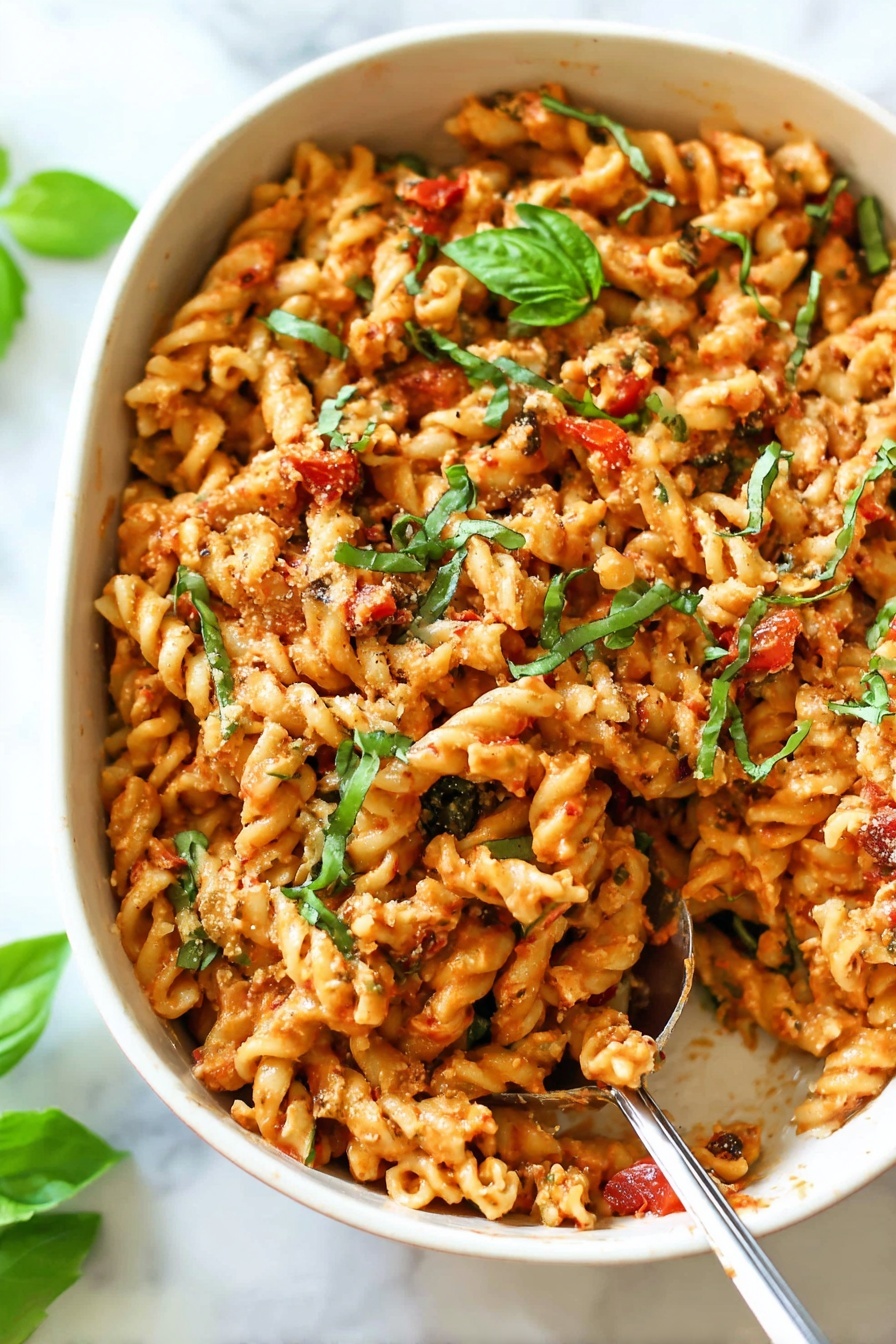 The image shows a deep white dish filled with pasta mixed in a reddish-orange sauce, with small pieces of tomato and herbs evenly spread throughout. The pasta is twisted and short, covered well in the sauce that has a slightly creamy texture. Fresh green basil leaves are scattered on top, adding a contrast of bright green against the warmer colors. A metal spoon is scooping a portion from the right side of the dish, revealing more pasta packed below the surface. The dish sits on a white marbled surface with a few basil leaves nearby. Photo taken with an iphone --ar 2:3 --v 7