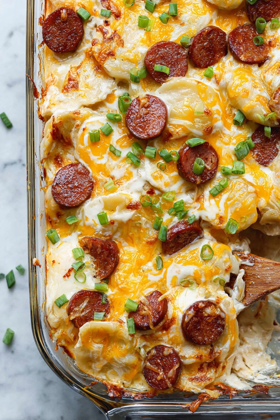 A white baking dish filled with a cheesy layered potato casserole is shown from above on a white marbled surface. There are three main layers: thin golden-yellow potato slices arranged close together at the bottom, a middle layer of browned sausage slices in dark reddish-brown tones scattered evenly, and a top layer of melted cheese in white and deep yellow swirls, with some melted parts slightly browned at the edges. The whole dish is sprinkled with finely chopped bright green scallions. A wooden spatula is scooping out a portion near the bottom right, showing the layers clearly. Photo taken with an iphone --ar 2:3 --v 7