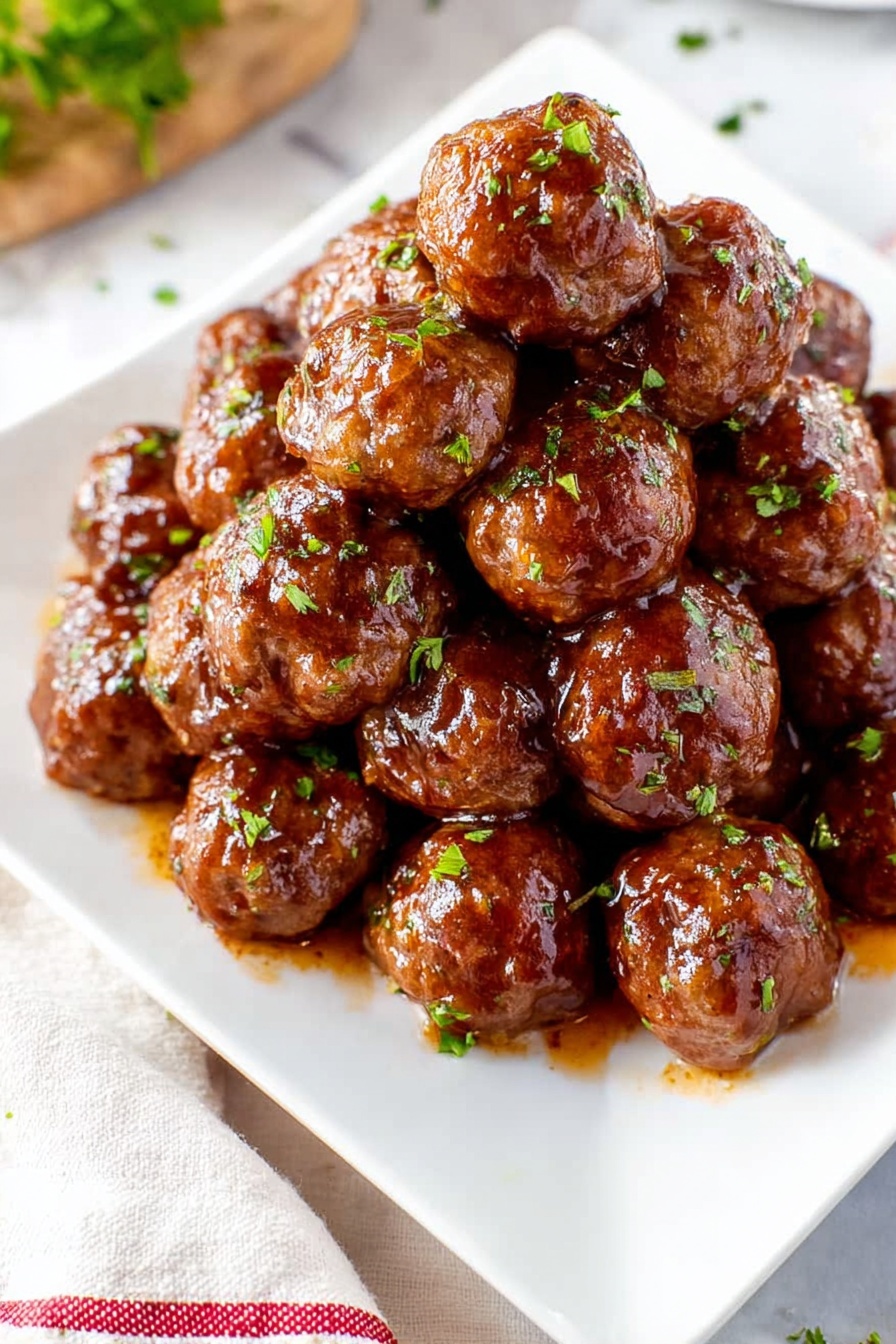 A white square plate holds a tall pile of round meatballs covered in a shiny brown sauce, each meatball sprinkled with small green herb pieces. The meatballs are stacked closely together, filling the plate almost to the edges. The plate is placed on a white marbled surface with some scattered green herbs around it, and a white cloth with red stripes is partially visible at the lower left corner. photo taken with an iphone --ar 2:3 --v 7
