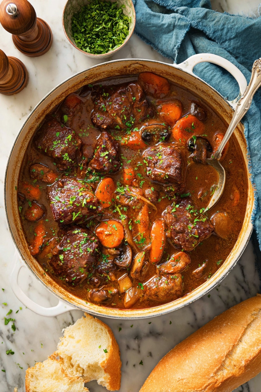 A white round pot filled with a rich brown stew, containing seven pieces of browned meat on top, scattered with bright orange carrot slices and dark brown mushroom pieces. The stew looks thick and glossy, garnished with finely chopped green herbs sprinkled all over. A silver spoon is placed inside the pot on the right side, partially submerged in the stew. Around the pot on a white marbled surface, there is a broken piece of golden-brown crusty bread at the bottom and a whole baguette on the left. A small bowl with chopped green herbs and wooden salt and pepper grinders can be seen on the upper left side. A folded blue cloth napkin is visible near the pot’s handle on the top right. Photo taken with an iphone --ar 2:3 --v 7