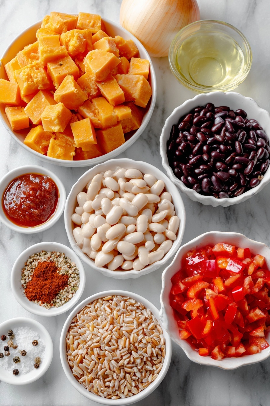 Flat lay of fresh diced butternut squash cubes, a peeled whole onion halved to show layers, a vibrant chopped red bell pepper, several peeled garlic cloves, bright red diced tomatoes in a small white ceramic bowl, deep red tomato paste dollop in a small white bowl, shiny black beans rinsed and drained in a small white bowl, creamy white cannellini beans drained in a small white bowl, clear vegetable broth in a small white bowl, uncooked farro grains in a small white bowl, small piles of chili powder, ground cinnamon, ground cumin, coarse salt, and whole black peppercorns arranged symmetrically, all placed on a clean white marble surface, soft natural light, photo taken with an iPhone, professional food photography style, fresh ingredients, white ceramic bowls, no bottles, no duplicates, no utensils, no packaging --ar 2:3 --v 7 --p m7354615311229779997