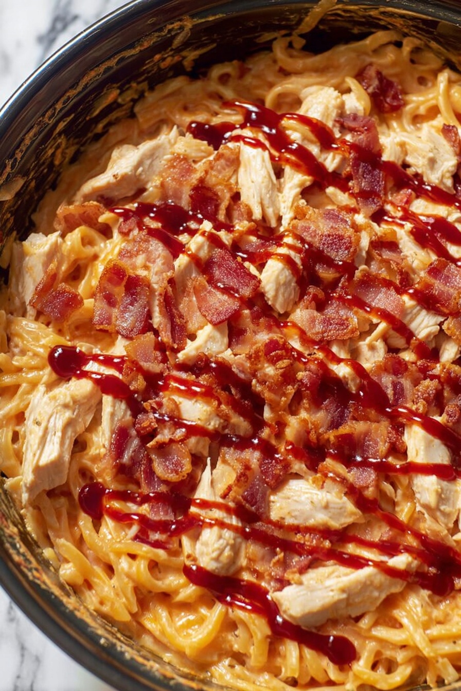 In a close-up view, creamy pasta noodles form the base layer, showing a smooth, soft texture with a light orange color from the sauce. On top, there are chunks of cooked white chicken pieces scattered evenly, blending softly with the pasta. Bright reddish-brown strips of bacon are spread across the dish, adding a crisp texture and rich color contrast. Over everything is drizzled a dark red sauce that zigzags, creating thin lines and a shiny finish. The dish is inside a dark cooking pot with some sauce residue on the sides, set against a white marbled background. photo taken with an iphone --ar 2:3 --v 7