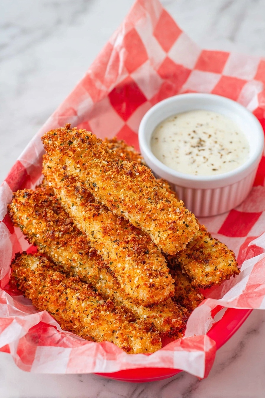 A basket lined with red and white checkered paper holds five golden brown crispy breaded strips stacked unevenly. The breading texture is coarse and crunchy with visible herbs and spices. To the right side in the basket, there is a small white ramekin filled with a creamy white dipping sauce with specks of seasoning. The basket sits on a white marbled surface. photo taken with an iphone --ar 2:3 --v 7
