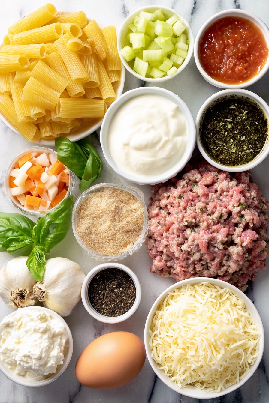 Flat lay of dry uncooked ziti pasta tubes, a handful of chopped fresh onion pieces, a small pile of diced carrot cubes, diced celery stalk pieces, several whole garlic cloves peeled, a few sprigs of fresh basil leaves, a whole uncracked brown egg with clean shell, two piles of shredded mozzarella cheese and freshly grated Parmesan cheese, a mound of whole milk ricotta cheese, a small white ceramic bowl of sour cream, a small white ceramic bowl with deep red crushed tomatoes, another small white ceramic bowl filled with smooth tomato sauce, a small white ceramic bowl containing thick tomato paste, a small white ceramic bowl of clear water, a small white ceramic bowl with dark soy sauce, a small white ceramic bowl holding brown sugar granules, a small white ceramic bowl filled with dark balsamic vinegar, raw lean ground beef portion, raw mild Italian sausage without casings, a fresh bay leaf, and small white ceramic bowls with dried basil, dried parsley, dried oregano, dried thyme, salt, black pepper, and red pepper flakes arranged symmetrically and balanced, placed on a clean white marble surface, soft natural light, photo taken with an iPhone, professional food photography style, fresh ingredients, white ceramic bowls, no bottles, no duplicates, no utensils, no packaging --ar 2:3 --v 7 --p m7354615311229779997