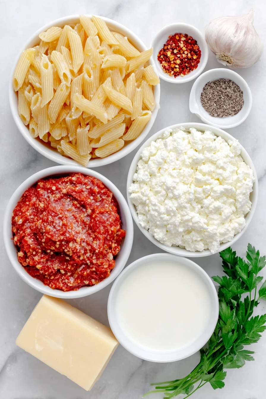 Flat lay of raw penne pasta, a small pile of finely diced half small onion, two whole uncracked garlic cloves, a small white ceramic bowl filled with vibrant red tomato paste, a small white ceramic bowl of thick heavy cream, a small white ceramic bowl with clear vodka, a small white ceramic bowl with bright red chili flakes, a small white ceramic bowl of kosher salt crystals, a small white ceramic bowl with freshly ground black pepper, a small block of fresh pale yellow parmesan cheese, a small bunch of fresh green parsley sprigs, all arranged in perfect symmetry on a clean white marble surface, soft natural light, photo taken with an iPhone, professional food photography style, fresh ingredients, white ceramic bowls, no bottles, no duplicates, no utensils, no packaging --ar 2:3 --v 7 --p m7354615311229779997