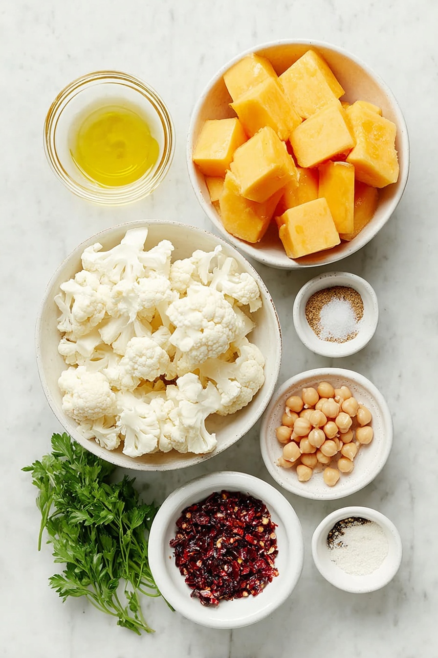 Flat lay of peeled cubed butternut squash, cauliflower cut into florets, a small white ceramic bowl of rinsed chickpeas, a small white ceramic bowl with golden olive oil, a small white ceramic bowl with amber maple syrup, a small white ceramic bowl containing warm brown garam masala powder, a small white ceramic bowl of coarse salt, a small white ceramic bowl with cracked black pepper, a small white ceramic bowl of crushed red pepper flakes, and fresh bright green parsley sprigs placed on a clean white marble surface, soft natural light, photo taken with an iPhone, professional food photography style, fresh ingredients, white ceramic bowls, no bottles, no duplicates, no utensils, no packaging --ar 2:3 --v 7 --p m7354615311229779997