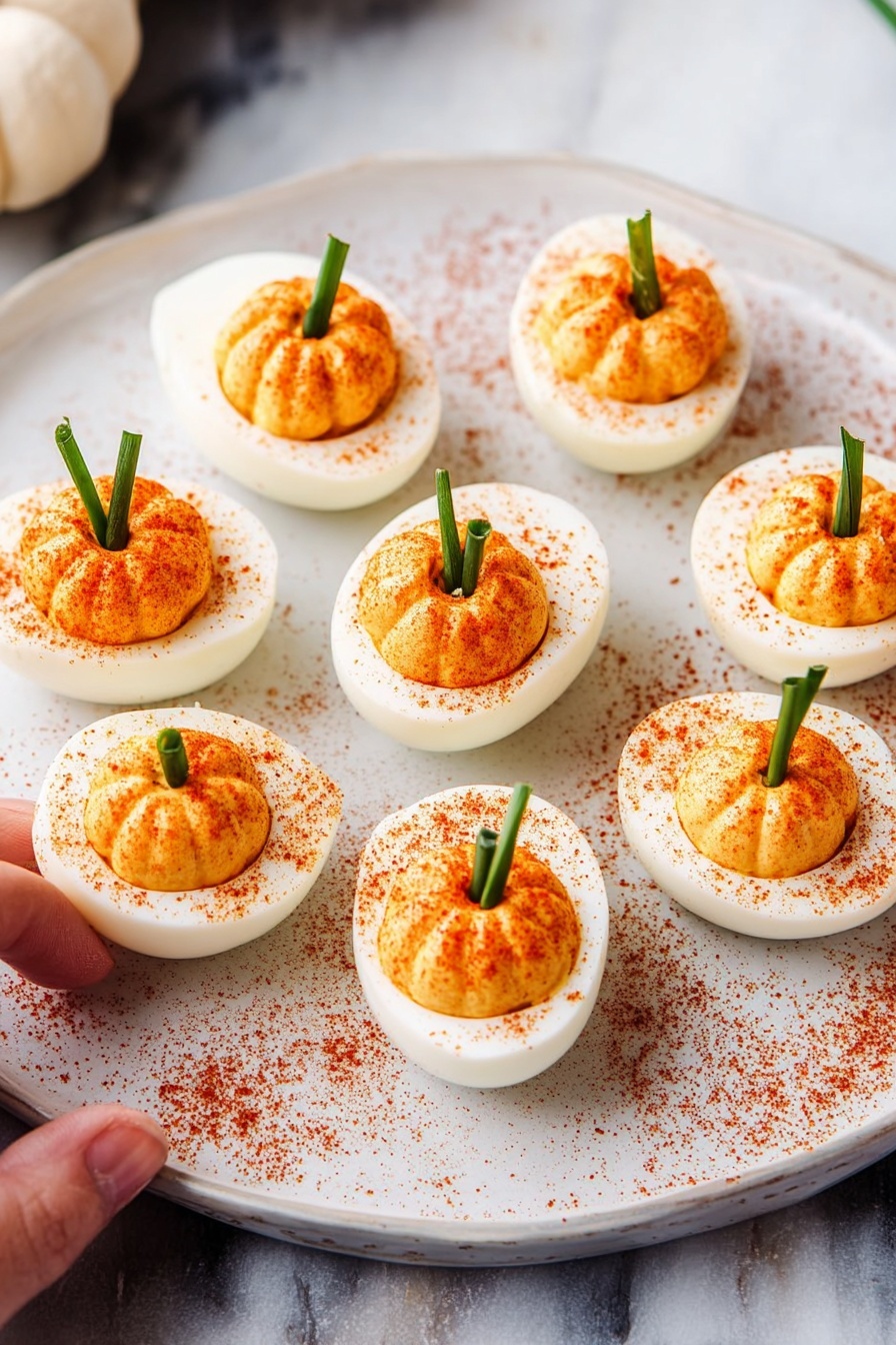 A round white plate holds six deviled eggs, each egg cut in half showing smooth, white outer egg whites as the base layer. The second layer is a creamy, light yellow yolk mixture piped into each egg white half and dusted with bright orange-red paprika. Each deviled egg has a small green chive stem stuck vertically into the yolk mixture, resembling pumpkin stems. The plate is sprinkled lightly with paprika powder, contrasting with the white plate. The whole scene sits on a white marbled surface with a small part of a woman's hand placing an egg at the lower left edge. Photo taken with an iphone --ar 2:3 --v 7