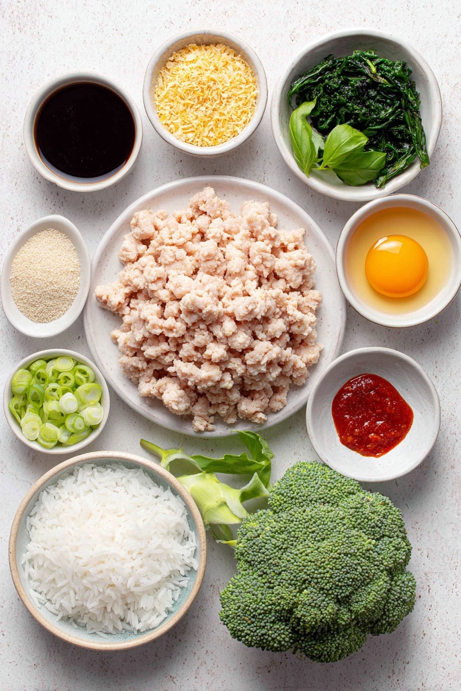 Flat lay of a mound of fresh ground chicken, a small mound of almond flour on a simple white plate, a few thin slices of bright green basil leaves, a small pile of grated vivid orange carrot, a handful of thinly sliced green onions with both white and green parts visible, a small white bowl filled with dark brown coconut aminos, another small white bowl with golden honey, a small white bowl containing clear pale rice vinegar, a small heap of vibrant red sriracha sauce on a white bowl, freshly grated pale yellow ginger root, a small white bowl with amber sesame oil, a cluster of whole uncracked brown eggs, a small white bowl filled with light beige garlic powder, a white bowl with salt crystals, a white bowl with ground black peppercorns, a fresh head of bright green broccoli, a bowl of fluffy white jasmine rice, and a scattering of small white sesame seeds all arranged in perfect symmetry on a clean white marble surface, soft natural light, photo taken with an iPhone, professional food photography style, fresh ingredients, white ceramic bowls, no bottles, no duplicates, no utensils, no packaging --ar 2:3 --v 7 --p m7354615311229779997