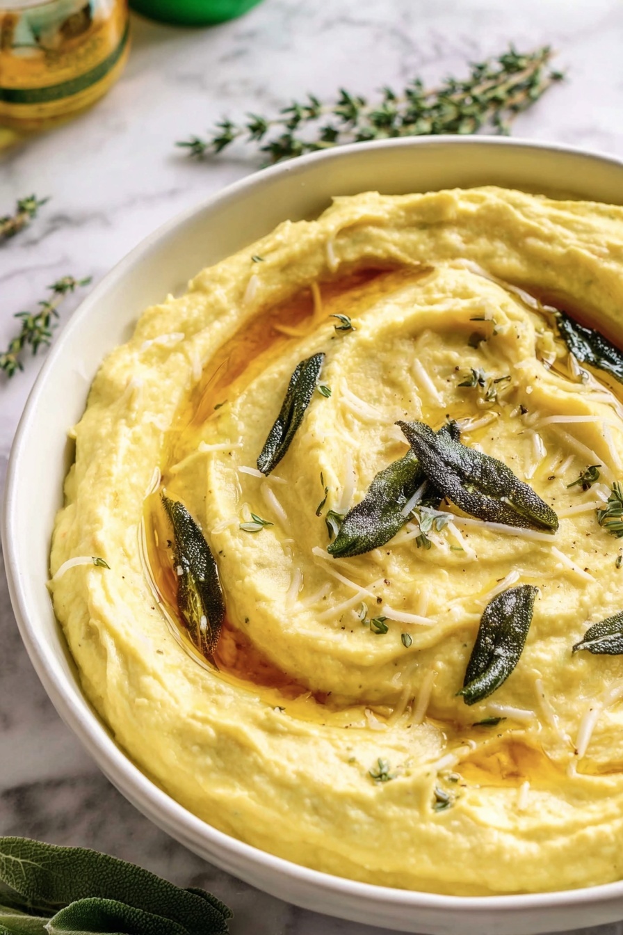 A thick creamy yellow dip fills a white bowl, with visible swirls and soft peaks that add texture to the top layer. Dark green fried sage leaves rest on the creamy surface, slightly curled and scattered evenly. A shiny brown oil pools in the swirled dips, creating a contrast against the yellow base. Small white shreds of cheese are lightly sprinkled over the dish. The bowl sits on a white marbled surface, with fresh green sage and thyme sprigs nearby, adding a natural touch. photo taken with an iphone --ar 2:3 --v 7