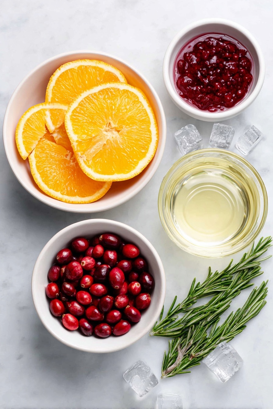 Flat lay of a sliced orange with bright orange segments, a small white ceramic bowl filled with fresh red cranberries, another small white bowl containing vibrant ruby-red pomegranate seeds, a small white bowl holding deep red cranberry juice, a small white bowl with bright orange orange juice, a small white bowl filled with rich red pomegranate juice, a small white bowl of clear sparkling lemon-lime soda with bubbles, a few fresh green rosemary sprigs arranged neatly, and several clear ice cubes scattered artfully, all placed on a clean white marble surface, soft natural light, photo taken with an iPhone, professional food photography style, fresh ingredients, white ceramic bowls, no bottles, no duplicates, no utensils, no packaging --ar 2:3 --v 7 --p m7354615311229779997