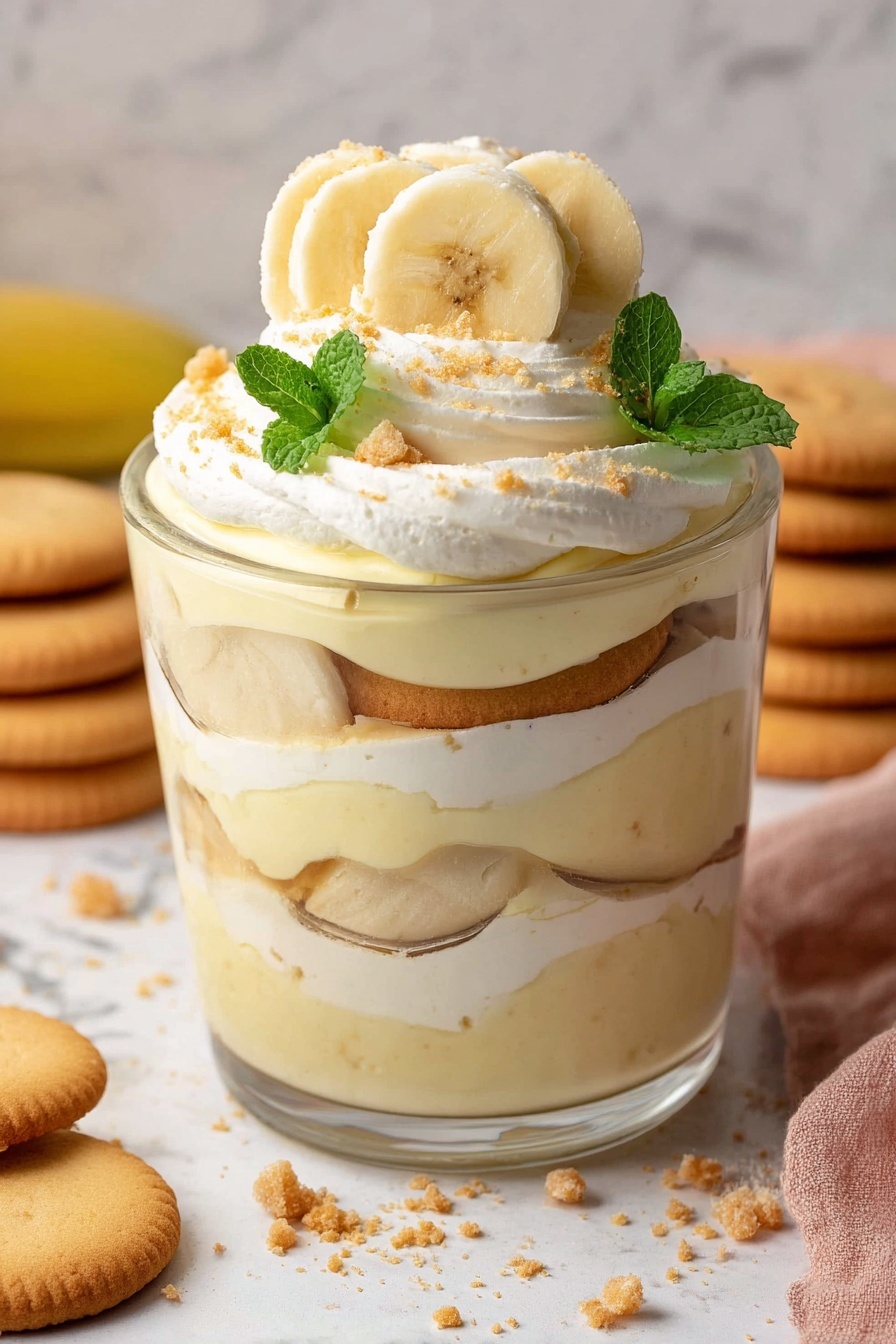 A clear glass cup shows a dessert with five visible layers. The bottom layer is pale yellow pudding, topped with a thin layer of light beige round cookies. Above the cookies is a layer of thick white cream, followed by another layer of pale yellow pudding interrupted by banana slices. Next is another thick layer of white cream. On top sits a dollop of light beige whipped cream with three banana slices arranged in a row, small green mint leaves, and crumbs of crushed cookies scattered on the surface. The background is a white marbled texture with some whole cookies and a pinkish napkin nearby. photo taken with an iphone --ar 2:3 --v 7