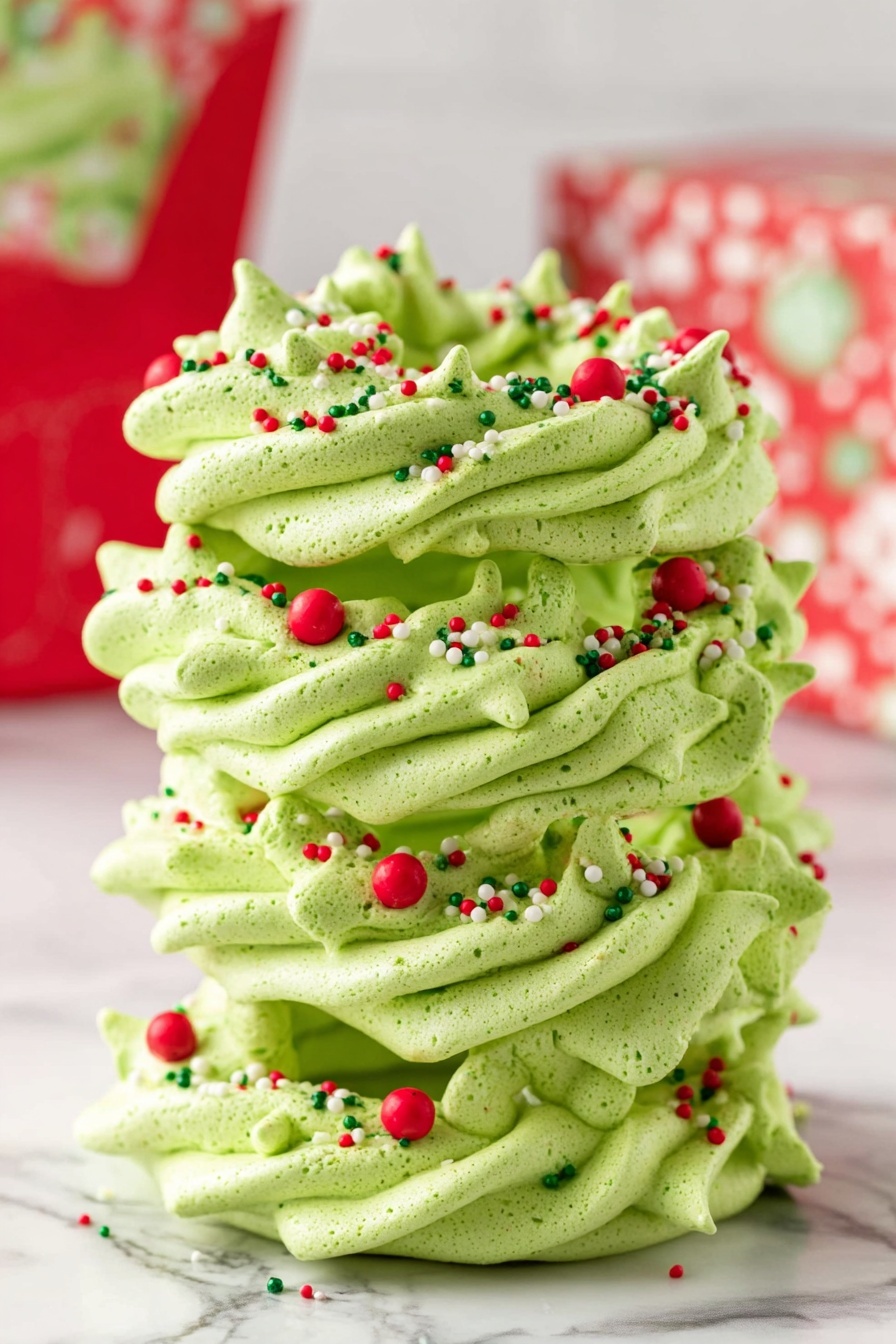 The image shows a tall stack of six bright green meringue rings with a textured, ruffled swirl design. Each ring has a smooth but slightly crinkled surface with piped star shapes along the edges. Tiny round sprinkles in red, white, and green are scattered across all layers, adding a festive touch. There are small red meringue decorations placed sporadically on the rings. The stack is set on a white marbled surface with a blurred red, white, and green patterned box in the background, enhancing the holiday feel. Photo taken with an iphone --ar 2:3 --v 7