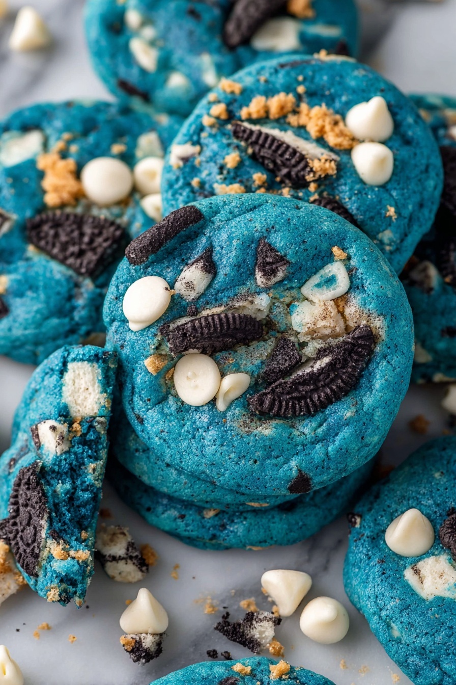 A close-up view of several round blue cookies stacked on a white plate on a white marbled surface. Each cookie has a vibrant blue base with a soft, slightly textured surface. Sprinkled on top are white chocolate chips, small crunchy golden pieces, and broken dark chocolate cookie bits in black and dark brown colors. The cookies overlap each other, and the mix of colors and textures on the blue dough makes them look rich and inviting. Photo taken with an iphone --ar 2:3 --v 7