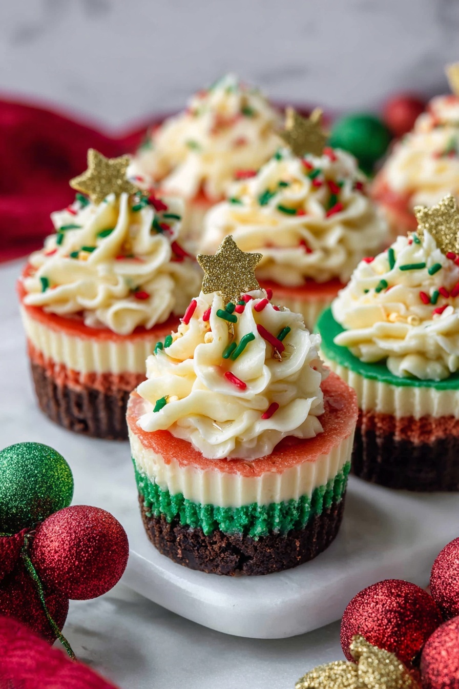 The image shows five small cupcakes arranged close together on a white marbled surface. Each cupcake has four layers from bottom to top: a dark chocolate-brown base, a thick creamy off-white layer, a red layer, and a green layer that reaches the cupcake wrapper's edge. On top of each cupcake is a swirl of white frosting with a soft, creamy texture. The frosting is decorated with colorful sprinkles in red, green, and gold, with a small gold star sprinkle placed on the highest point. In the foreground, festive red and green decorations are slightly blurred, adding to the holiday feel of the scene. photo taken with an iphone --ar 2:3 --v 7