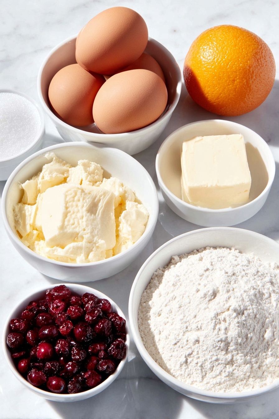 Flat lay of two brown eggs with clean shells, a small white ceramic bowl of granulated sugar, a small white ceramic bowl holding softened unsalted butter, a whole fresh orange next to a small pile of bright orange zest, a small white ceramic bowl of all-purpose flour, a small white ceramic bowl of kosher salt, and a small white ceramic bowl filled with fresh red cranberries, all arranged symmetrically on a clean white marble surface, soft natural light, photo taken with an iPhone, professional food photography style, fresh ingredients, white ceramic bowls, no bottles, no duplicates, no utensils, no packaging --ar 2:3 --v 7 --p m7354615311229779997
