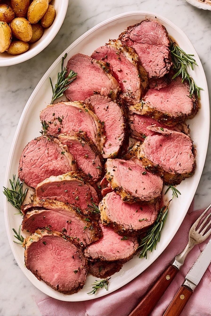 A white oval plate holds about fifteen slices of medium-rare roast beef, arranged in slightly overlapping rows that form a rough oval shape. The beef is pink in the center with a lightly browned crust around the edges, speckled with small herbs and seasoning. Sprigs of fresh rosemary are tucked between some slices, adding a touch of green. The plate sits on a white marbled surface. To the right of the plate, a carving fork and knife with wooden handles lay on a soft pink cloth. Part of a white bowl filled with roasted baby potatoes is visible in the top left corner of the image. Photo taken with an iphone --ar 2:3 --v 7