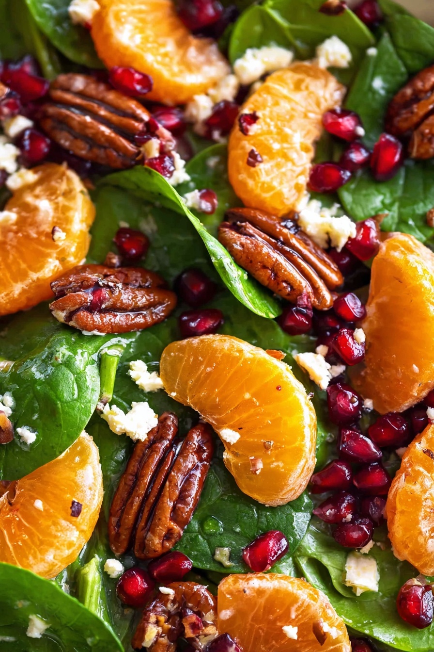 This dish shows a close-up of a salad with several layers visible: the bottom layer is fresh green spinach leaves with a smooth texture; on top, there are bright orange tangerine segments that are shiny and juicy, scattered evenly; next, there are glossy red pomegranate seeds adding a gem-like brightness; along with dark reddish-brown pecan halves that have a textured surface; and small pieces of creamy white cheese sprinkled lightly across the salad, adding contrast. The salad has a slight glossy dressing that makes the ingredients look fresh and moist, all set against a white marbled texture background. photo taken with an iphone --ar 2:3 --v 7