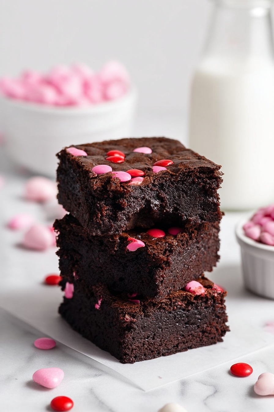 A stack of three thick, dark brown brownies with a moist and slightly crumbly texture is shown, each piece studded with pink and red candy-coated chocolates. The top brownie has a bite taken out of it, revealing the rich and soft inside. The brownies sit on a crinkled white paper surface with scattered pink, red, and white candy chocolates around. In the background, there is a white bowl filled with similar pink and red candy pieces and a tall glass of milk, all set on a white marbled texture. photo taken with an iphone --ar 2:3 --v 7