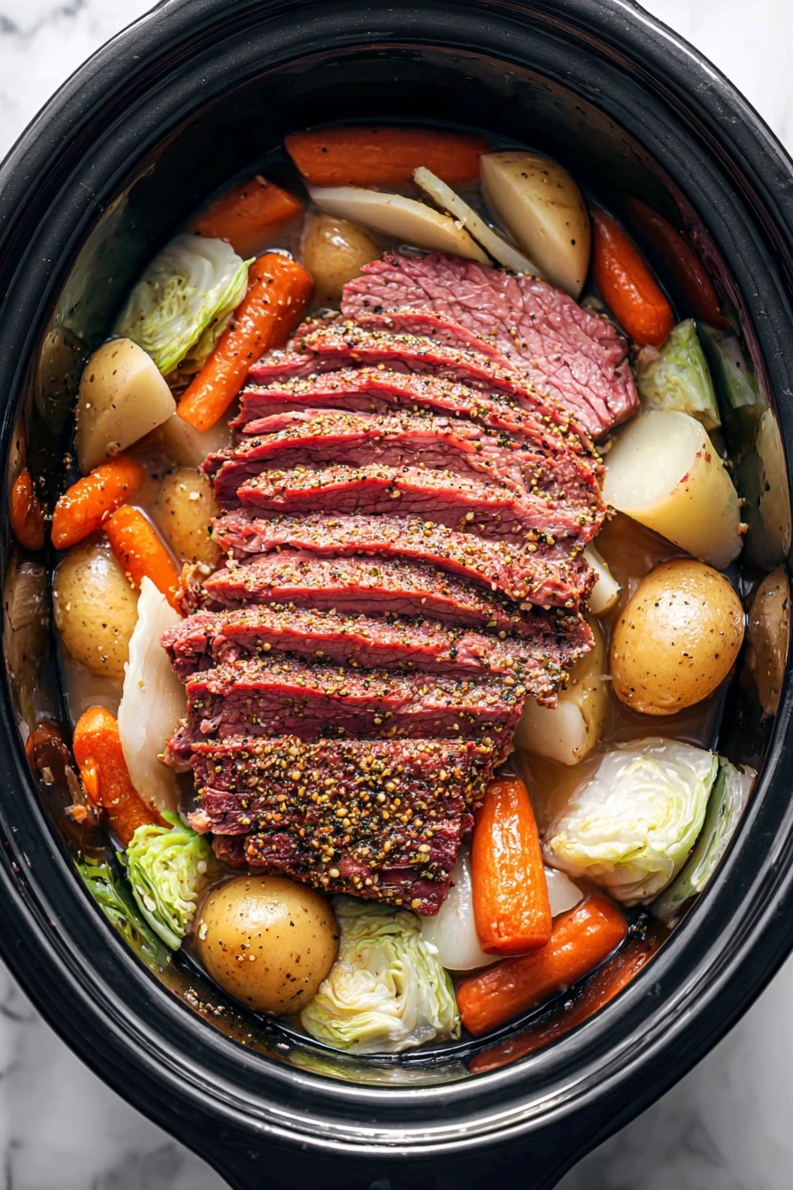 The image shows a dish with six slices of pinkish-red roast meat, each slice covered with a layer of coarse mustard seeds and black pepper on top, arranged in a slight fan shape in the center of a black slow cooker. Around the meat are cooked orange baby carrots, light brown potato chunks with skin, and soft-looking pale cabbage leaves, spread unevenly at the base and edges. The textures vary, with the meat looking moist and tender, the vegetables soft, and the mustard seeds adding a rough, grainy surface on the meat. The background is a white marbled texture. photo taken with an iphone --ar 2:3 --v 7