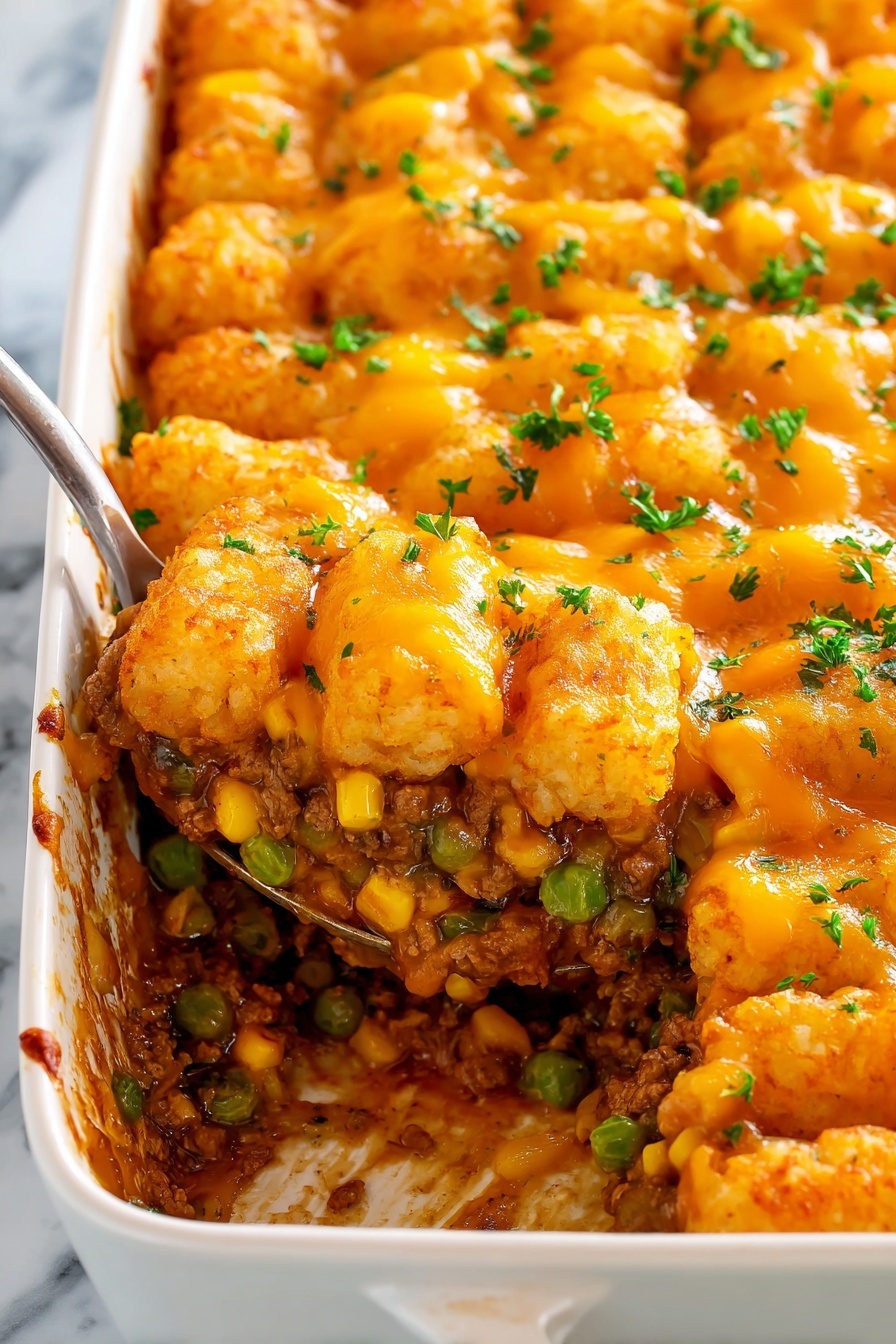 A white baking dish filled with a layered casserole showing three clear layers: the bottom layer is a mix of cooked ground meat, green peas, and yellow corn, the middle layer is golden brown crispy tater tots arranged tightly, and the top layer is melted orange cheddar cheese sprinkled with chopped green parsley. A metal spoon is scooping out a portion from the front corner, revealing the layers inside. The background is a white marbled surface. Photo taken with an iphone --ar 2:3 --v 7