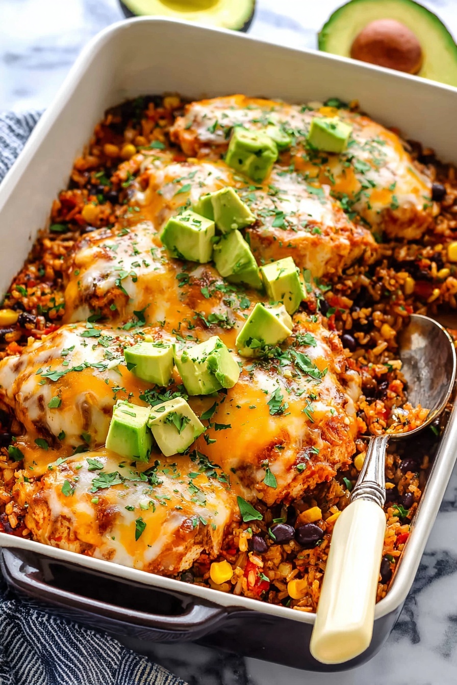 The image shows a white rectangular baking dish filled with a layered dish. The base layer inside the dish is a mix of rice, black beans, and corn, creating a textured bed with yellow, black, and red colors. On top, there are several pieces of cooked chicken covered with melted light orange and white cheese. Each chicken piece is garnished with small bright green avocado cubes and sprinkled finely with green herbs. A large spoon with a cream-colored handle is partially inserted into the dish on the right side. In the background, there’s a halved avocado with the seed visible, all set on a white marbled surface. Photo taken with an iphone --ar 2:3 --v 7