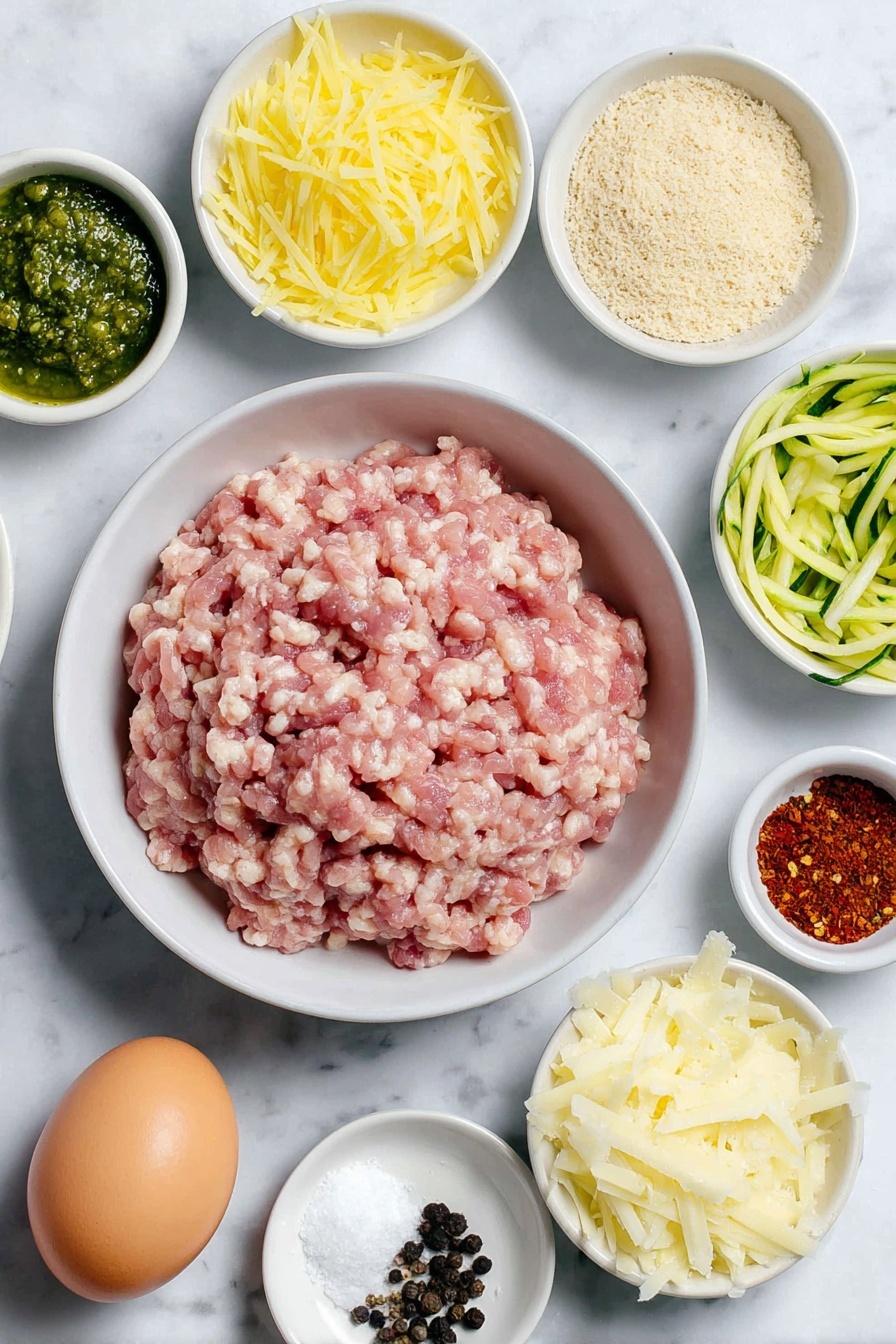 Flat lay of ground chicken in a simple white ceramic bowl, a small white bowl of fresh green basil pesto, a whole large brown egg with clean shell, a small white bowl of fine light brown breadcrumbs, a small white bowl of grated bright orange carrot, a small white bowl of grated green zucchini, a small white bowl of finely grated pale yellow parmesan cheese, a small white bowl with coarse salt crystals, a small white bowl with whole black peppercorns, a small white bowl containing white garlic powder, a small white bowl with red pepper flakes, all arranged symmetrically and balanced on a clean white marble surface, soft natural light, photo taken with an iPhone, professional food photography style, fresh ingredients, white ceramic bowls, no bottles, no duplicates, no utensils, no packaging --ar 2:3 --v 7 --p m7354615311229779997