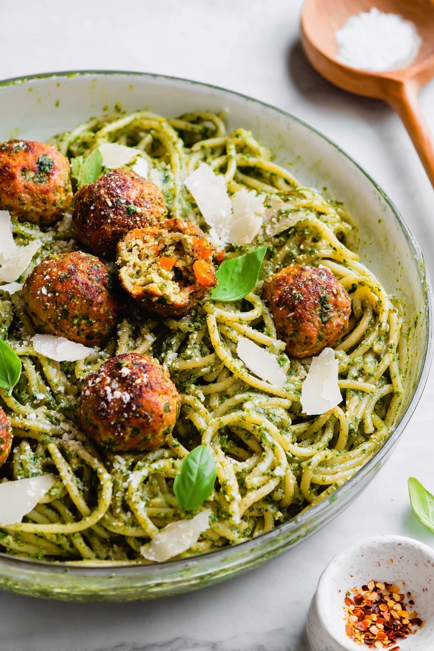 The dish shows a white bowl filled with thick spaghetti coated in green pesto sauce, giving the noodles a speckled, slightly oily texture. On top are seven golden brown meatballs with visible bits of orange carrots and green herbs, one meatball is split to show a soft, mixed interior. Scattered around are some fresh small green basil leaves and thin white slices of parmesan cheese. A gold fork with a black handle is holding a twist of spaghetti on the left side of the bowl. The bowl sits on a white marbled surface. Photo taken with an iphone --ar 2:3 --v 7
