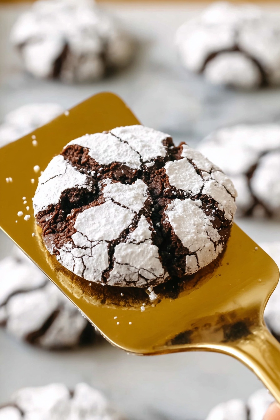A close-up of a cracked chocolate cookie dusted with white powdered sugar, showing a rough, dark brown texture underneath the white layer. The cookie is held on a golden spatula with a shiny surface, with more cookies blurred out in the background on a white marbled surface. The cookie's top is round with deep cracks creating an uneven pattern, and the powdered sugar covers most of the surface except for the cracks. Photo taken with an iphone --ar 2:3 --v 7