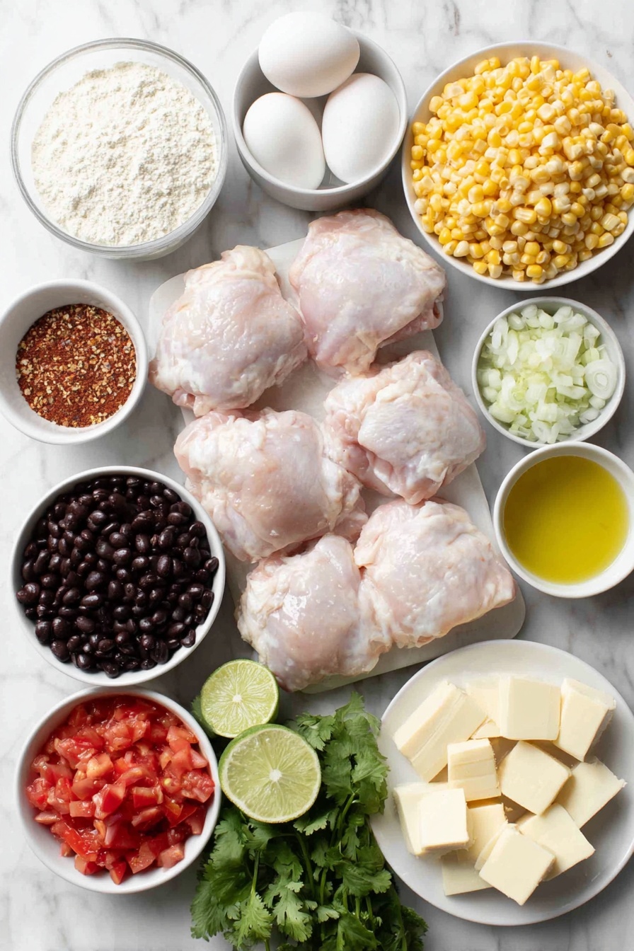 Flat lay of fresh boneless skinless chicken thighs neatly arranged, a small mound of diced yellow onion, several peeled garlic cloves, a small white ceramic bowl of golden olive oil, a matching bowl with cubes of unsalted butter, a small white bowl filled with light beige flour, a few sprigs of bright green cilantro, lime halves showing juicy flesh, a small white bowl of medium red salsa, fresh whole dried chili peppers and ground spices artistically sprinkled nearby, vibrant yellow corn kernels in a small white bowl, shiny black beans drained and placed in a white bowl, ripe diced red tomatoes in a separate white bowl, diced green chiles displayed in a white bowl, a block of orange sharp cheddar cheese, cubed cream cheese on a white plate, a few whole uncracked brown eggs, and a pinch of salt and pepper sprinkled lightly around, all perfectly symmetrical and balanced, placed on a clean white marble surface, soft natural light, photo taken with an iPhone, professional food photography style, fresh ingredients, white ceramic bowls, no bottles, no duplicates, no utensils, no packaging --ar 2:3 --v 7 --p m7354615311229779997