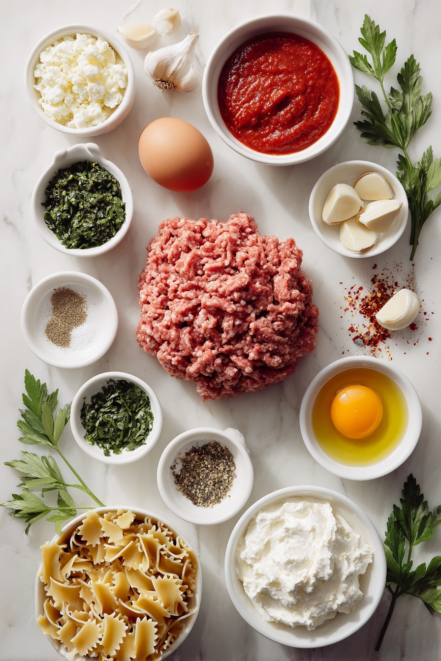 Flat lay of a mound of mild Italian sausage in raw ground form, a small chopped yellow onion heap, three peeled garlic cloves, a small white ceramic bowl filled with bright red tomato paste, a small white ceramic bowl of golden olive oil, a small white ceramic bowl of finely minced fresh basil leaves, another small white ceramic bowl of finely chopped fresh parsley, a few dried red pepper flakes scattered on the surface, a small white ceramic bowl holding loose dried oregano, a small white ceramic bowl with dried thyme, a block of whole uncracked brown egg, a small white ceramic bowl filled with shredded mozzarella cheese, a small white ceramic bowl with creamy whole milk ricotta cheese, a small white ceramic bowl holding smooth sour cream, a small white ceramic bowl with freshly grated Parmesan cheese, a pinch of whole nutmeg nut, a small white ceramic bowl filled with bright red marinara sauce, a stack of flat cooked classic lasagna noodles, and a few sprigs of fresh parsley for garnish, all arranged symmetrically on a simple white ceramic surface, placed on a clean white marble surface, soft natural light, photo taken with an iPhone, professional food photography style, fresh ingredients, white ceramic bowls, no bottles, no duplicates, no utensils, no packaging --ar 2:3 --v 7 --p m7354615311229779997