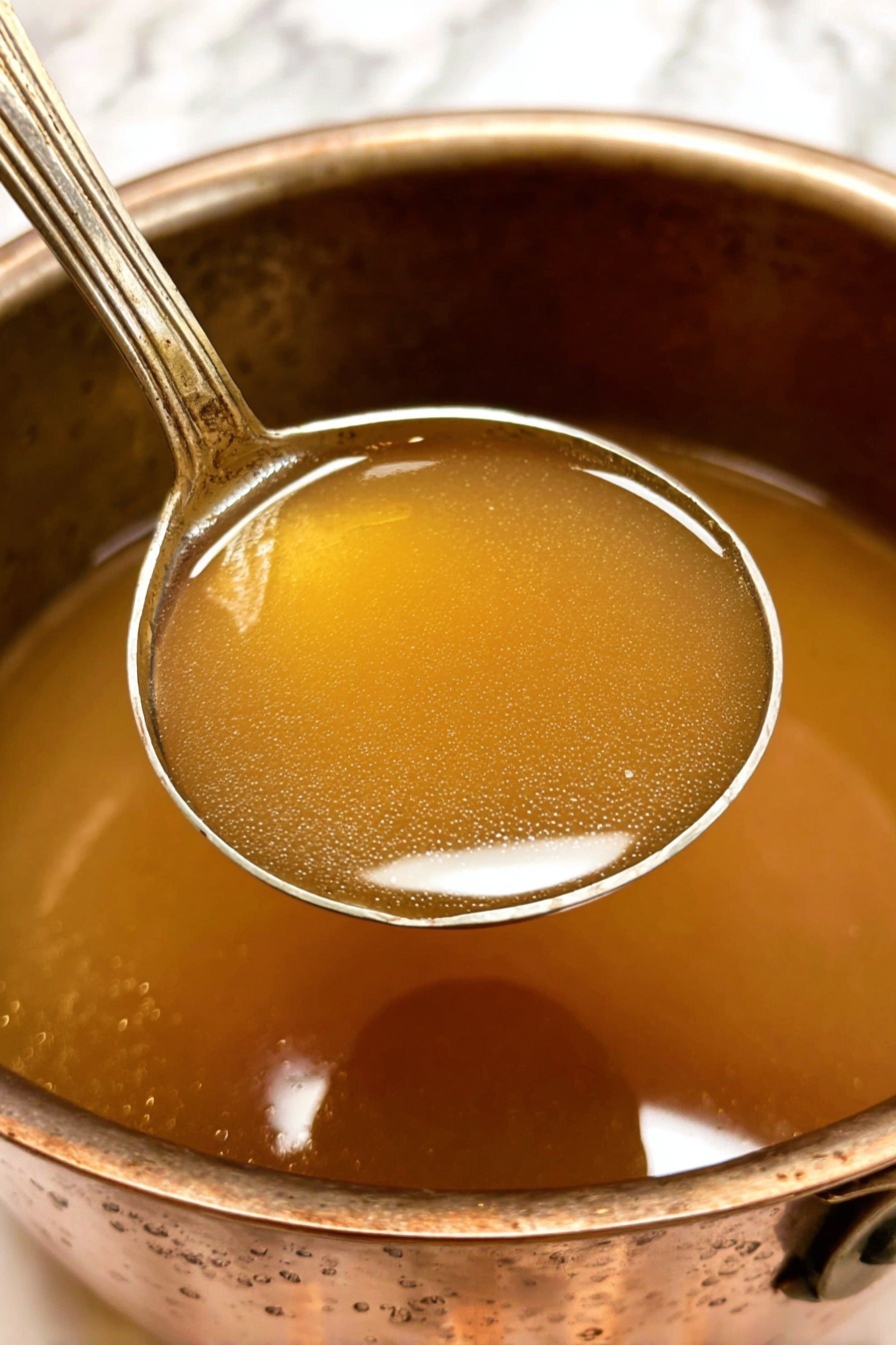 A shiny metallic ladle full of light brown broth is lifted above a large metal pot filled with the same clear light brown liquid. The pot has small, subtle spots on the outside and thick rounded edges. The broth looks smooth and warm with a slight shimmer on the surface. The background is a white marbled texture. photo taken with an iphone --ar 2:3 --v 7