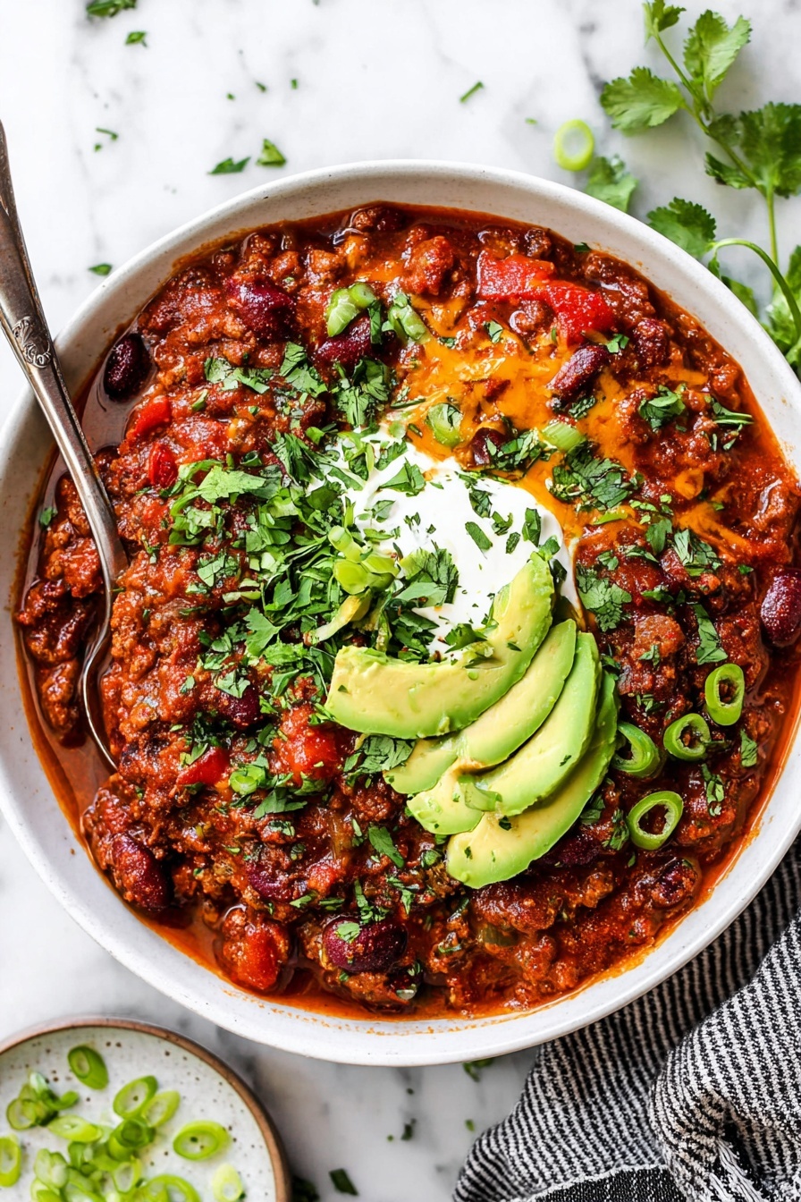 A white bowl filled with a thick, chunky chili made from ground meat, kidney beans, and diced tomatoes, showing a rich red and brown color with some melted orange cheese mixed in. On top are fresh green garnishes including chopped cilantro and green onions. Three slices of light green avocado and a dollop of white sour cream sit near the center of the chili. A spoon with a metal handle rests inside the bowl on the left side. The bowl is placed on a white marbled surface with some scattered green herbs and sliced green onions on a small round plate nearby, along with a black and white striped cloth on the right side of the frame. Photo taken with an iphone --ar 2:3 --v 7